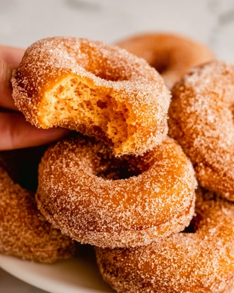 A close-up view of a stack of round doughnuts coated in sugar, with one doughnut at the front showing a bite taken out of it, revealing a soft, orange inside. The doughnuts have a slightly rough texture from the sugar coating and are arranged on a white marbled surface. Photo taken with an iphone --ar 4:5 --v 7