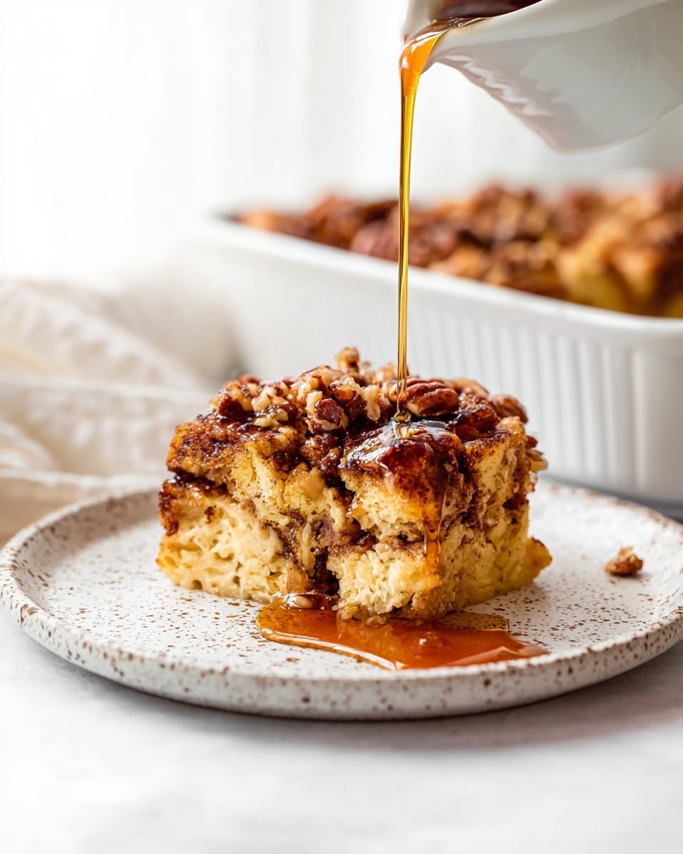 The image shows a thick square piece of cinnamon coffee cake on a white plate with a speckled design. The cake has two main layers: the bottom layer is light yellow and soft, while the top layer is crumbly with brown cinnamon and nut pieces spread unevenly. A golden syrup is being poured thickly over the top, creating a shiny glaze that drips down the sides. In the background, there is a white dish filled with more of the crumbly cake. The whole scene is set on a white marbled surface with a pale cloth nearby. Photo taken with an iphone --ar 4:5 --v 7