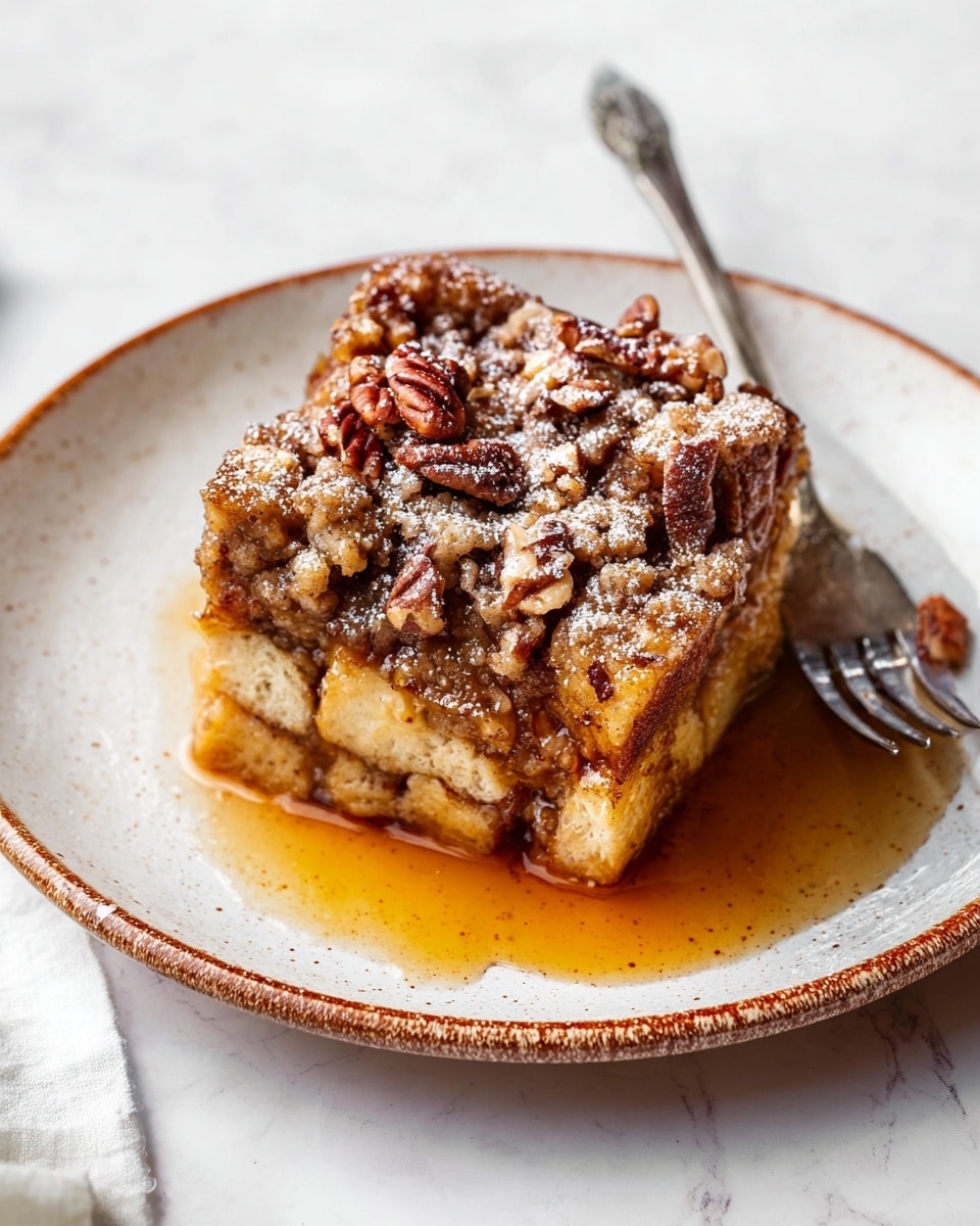A square piece of crumb cake sits on a white speckled plate with a small fork beside it. The cake has two main layers: a light golden soft inner layer and a crumbly dark brown nut topping. The top is covered with chunks of walnuts and pecans dusted with powdered sugar, and a drizzle of shiny amber syrup runs down the sides and pools a little on the plate. The background shows a white marbled texture. Photo taken with an iphone --ar 4:5 --v 7