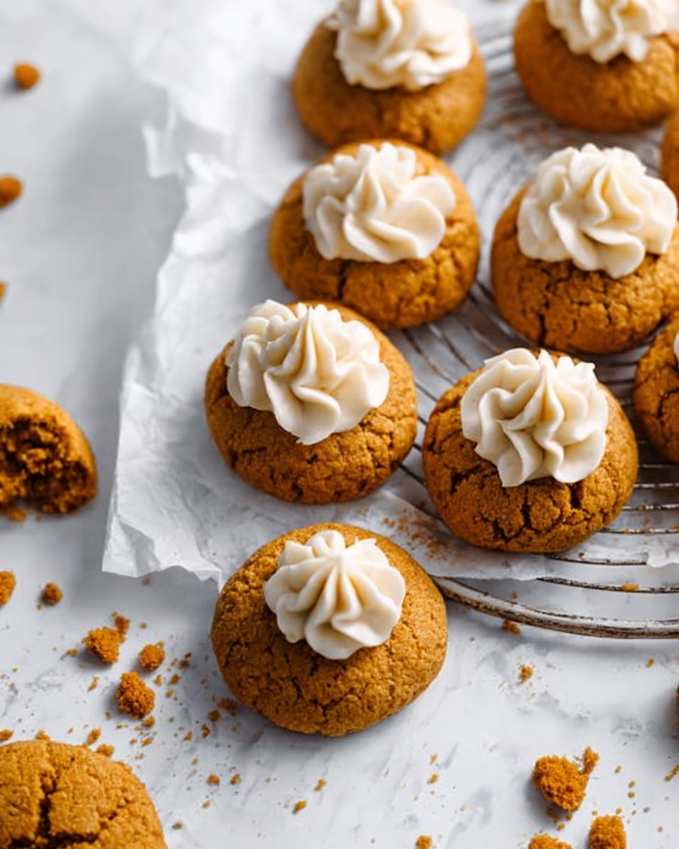 The image shows several round, light brown cookies with a soft texture arranged on a white parchment paper on a metal cooling rack, placed on a white marbled surface. Each cookie has a swirl of creamy light beige frosting on top, piped in a decorative shape. Some cookie crumbs are scattered around the cookies on the surface. The overall look is warm and inviting with a focus on the texture and decoration of the cookies. Photo taken with an iphone --ar 4:5 --v 7