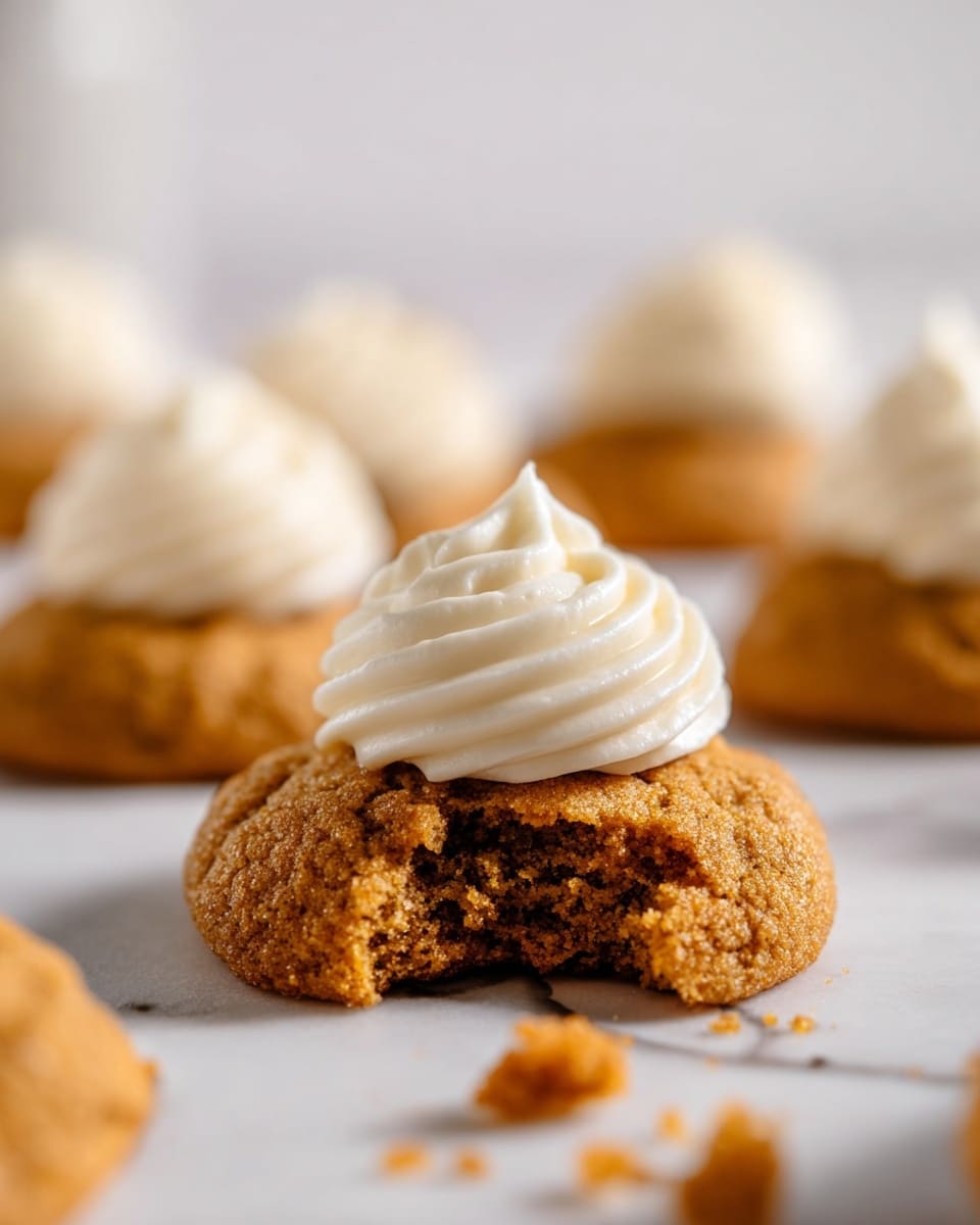 A group of small round orange cookies with a rough texture, each topped with a dollop of creamy white frosting piped in star shapes. The cookies are arranged on a wire rack lined with white parchment paper resting on a white marbled surface. Some cookie crumbs are scattered around the rack and on the surface, adding a rustic feel. In the bottom left corner, a single cookie is in soft focus. The warm colors of the cookies contrast with the clean white background. Photo taken with an iphone --ar 4:5 --v 7