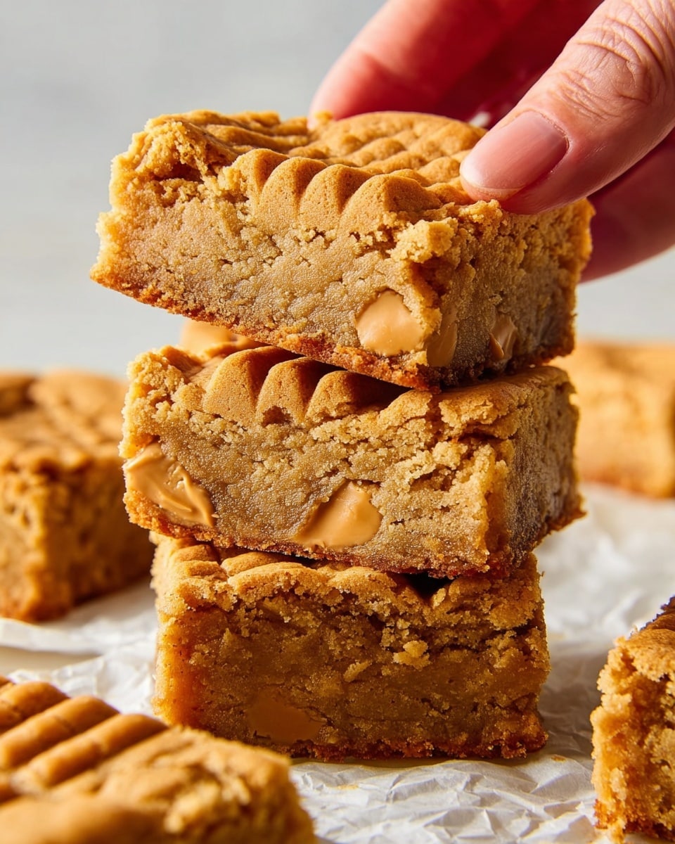 The image shows three thick, square blondies stacked on top of each other, each with a light golden-brown color and a crumbly, slightly soft texture. The top blondie has a peanut-shaped cookie pressed into its surface with a lattice pattern and small chocolate or peanut pieces embedded around it. A close-up of a woman's hand is lifting the top blondie, revealing the dense, slightly grainy interior filled with small bits of peanuts or cookie chunks. The background is a white marbled texture, and the blondies rest on crinkled parchment paper. Photo taken with an iphone --ar 4:5 --v 7
