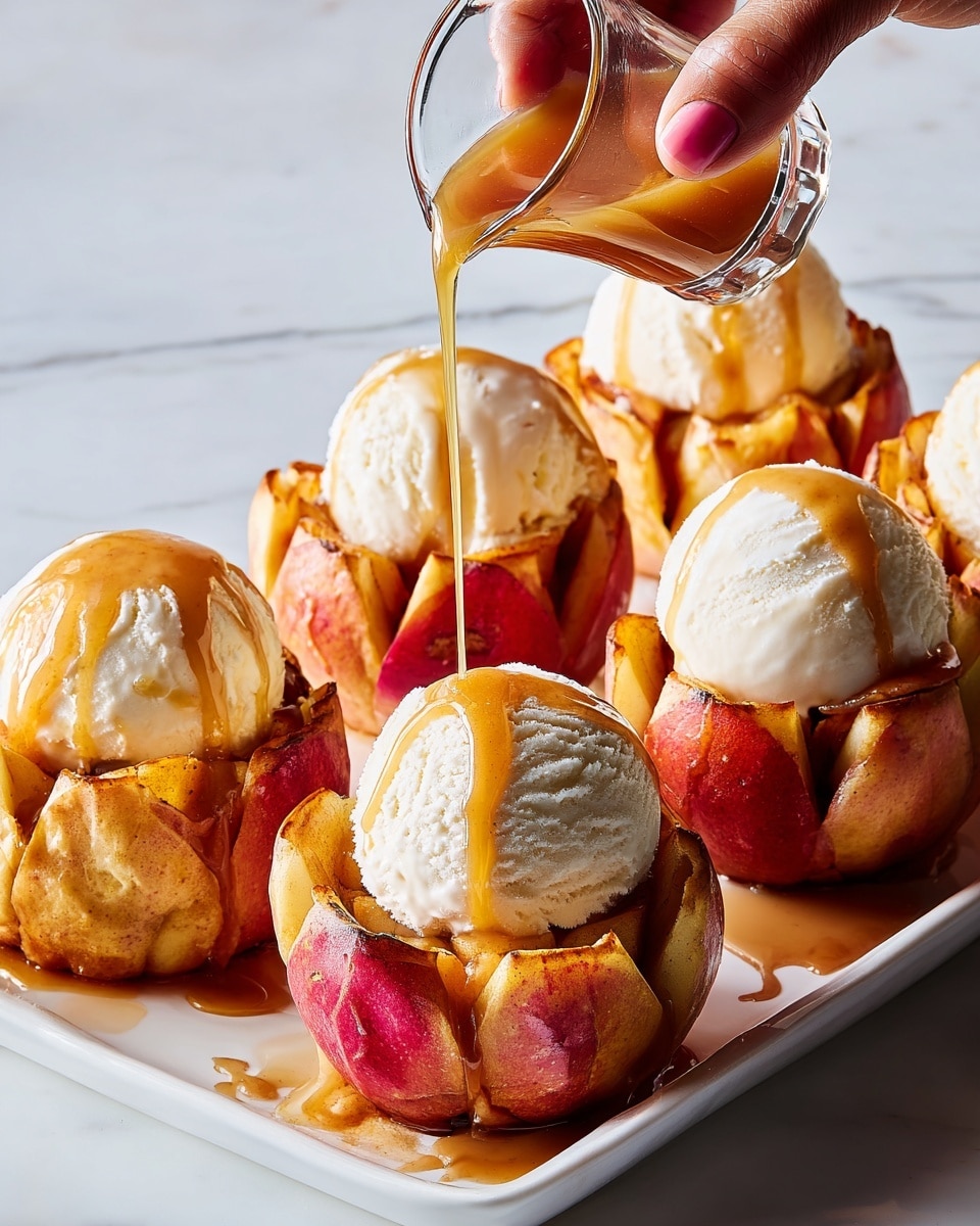 The image shows several red apple cups with their tops opened like flower petals, each filled with chunks of baked apple inside. On top of each apple cup, there is a large scoop of white vanilla ice cream with a smooth texture. A woman's hand is pouring golden caramel sauce from a small clear glass over the ice cream, with the sauce dripping down onto the apples. The apple cups and ice cream sit closely together on a shiny black tray placed on a white marbled surface. Photo taken with an iphone --ar 4:5 --v 7