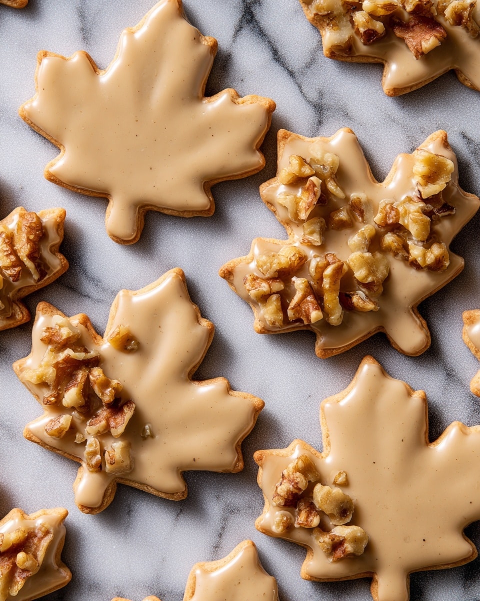 The image shows several maple leaf-shaped cookies with a smooth, light brown icing on top. Each cookie has small pieces of chopped nuts scattered mostly on one side. The cookies are placed closely together on a gray textured surface. A woman's hand is gently picking up one cookie from the middle, showing the cookie's smooth and slightly glossy texture. The overall look is cozy and homemade. photo taken with an iphone --ar 4:5 --v 7
