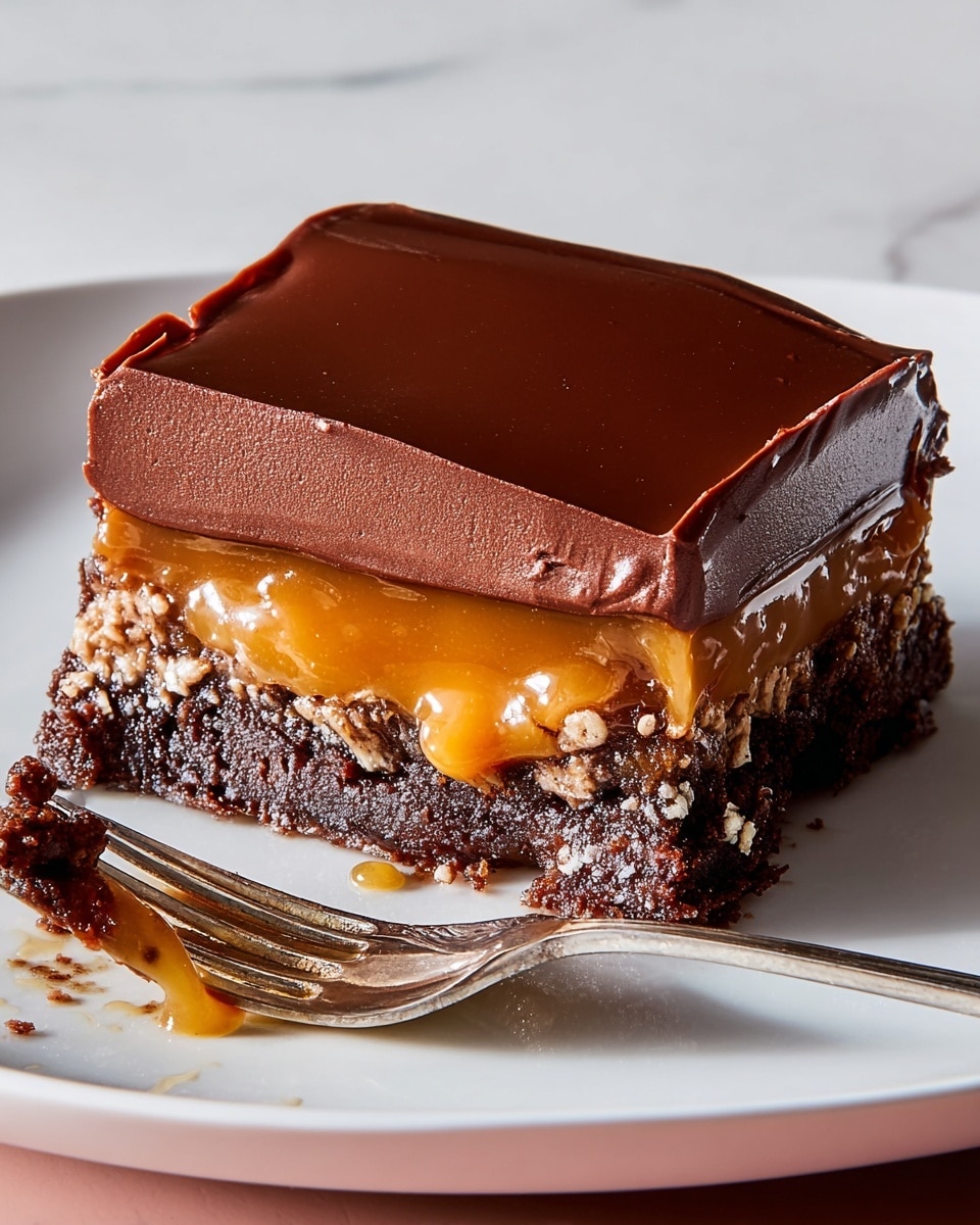 A square piece of chocolate dessert is shown on a white plate with a white marbled surface underneath. The dessert has three layers: a dark brown crunchy bottom layer, a thick and shiny golden caramel middle layer that is slightly oozing out, and a smooth, glossy dark chocolate top layer. A small bite is missing from one corner, revealing the layers clearly. Next to the dessert is a silver fork with bits of caramel and chocolate on its prongs. There are a few small crumbs and a drop of caramel near the dessert. Photo taken with an iphone --ar 4:5 --v 7