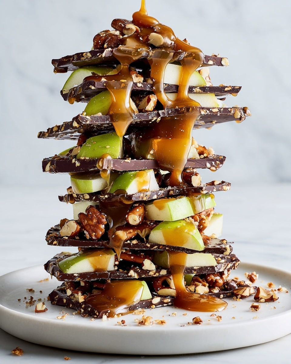 The image shows a tall stack of six uneven chocolate bark pieces layered with light brown pretzels and chunks of green apple placed between each piece. A golden caramel sauce is being poured from above, dripping down over the top bark and running down the sides. The chocolate bark is dark and textured with nuts and pretzels embedded inside. The stack is placed on a white plate, sitting on a white marbled surface, with some pretzels and apple chunks scattered around. Photo taken with an iphone --ar 4:5 --v 7