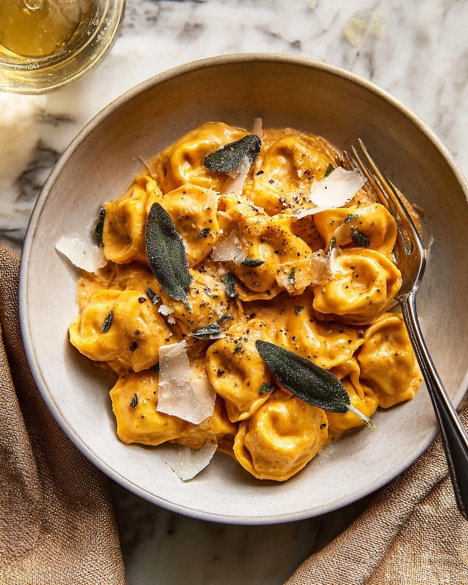 A white speckled bowl holds a rich pumpkin-colored pasta with a creamy texture, shaped in small, soft bundles closely packed, covered in a thick sauce. On top, whole dark green sage leaves rest, along with thin white shavings of cheese scattered unevenly. A silver fork is tucked into the pasta on the right side of the bowl. The bowl sits on a rough darker surface with some scattered cheese pieces and a glass of golden liquid blurred in the background. photo taken with an iphone --ar 4:5 --v 7