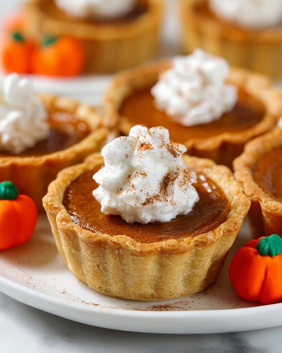 Three small pumpkin pies are shown on a white plate with a decorative rim, set on a white marbled surface. Each pie has a golden brown crust with a smooth, deep orange pumpkin filling inside. On top of each pie is a dollop of white whipped cream, with the front pie’s whipped cream dusted lightly with brown spice, likely cinnamon or nutmeg. Around the plate are small candy pumpkins and cinnamon sticks blurred in the background, adding a warm, festive feeling to the scene. Photo taken with an iphone --ar 4:5 --v 7