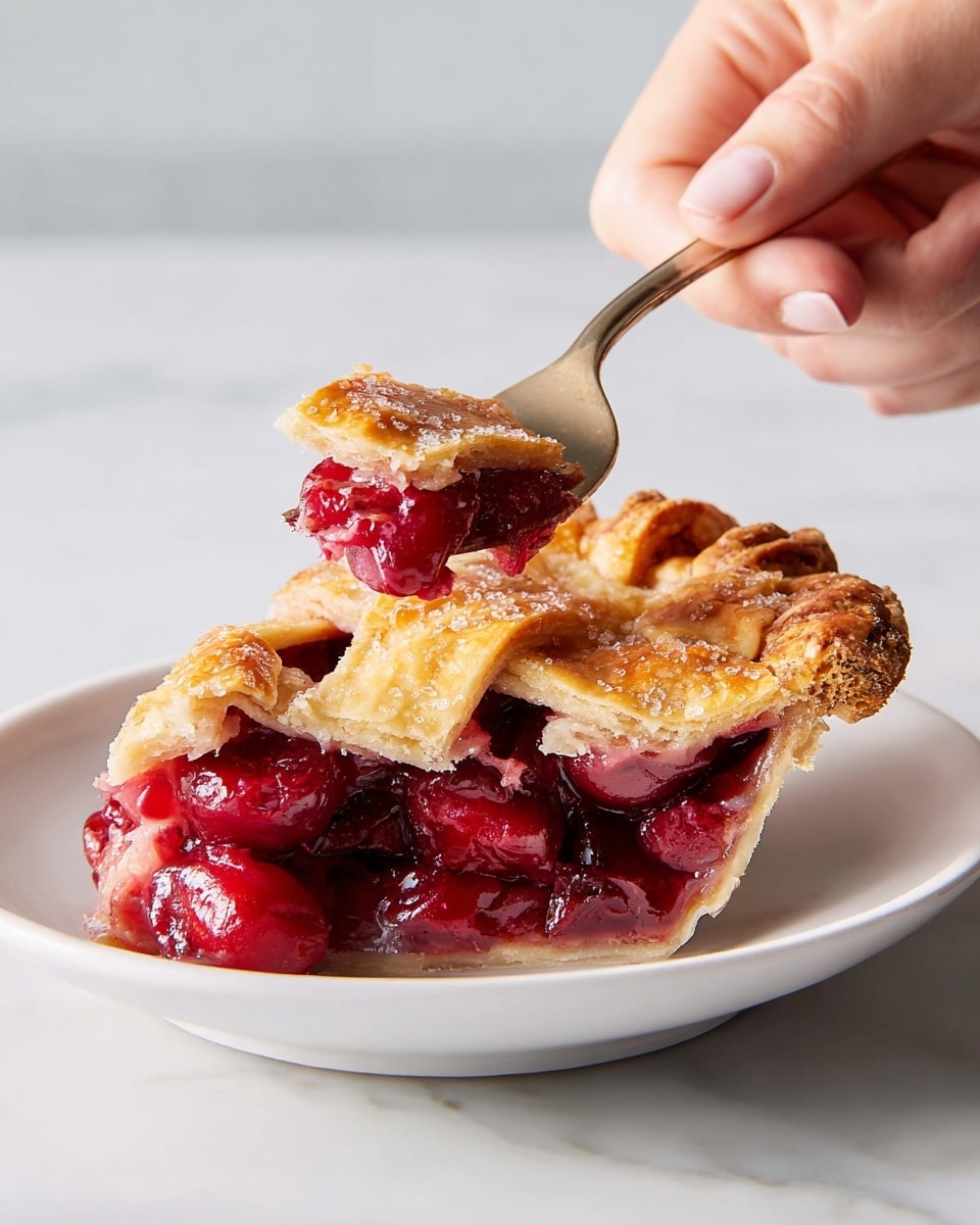 A slice of fruit pie with three layers: the bottom crust is light golden and firm; the middle layer is filled with shiny, red and deep burgundy fruit pieces mixed with some light beige fruit slices, juicy and thick; the top layer is a golden crust sprinkled with large sugar crystals, cracked and textured. A woman's hand is holding a fork that lifts part of the bottom crust and filling, showing the mix clearly. The pie slice sits on a white plate placed on a white marbled surface. Photo taken with an iphone --ar 4:5 --v 7