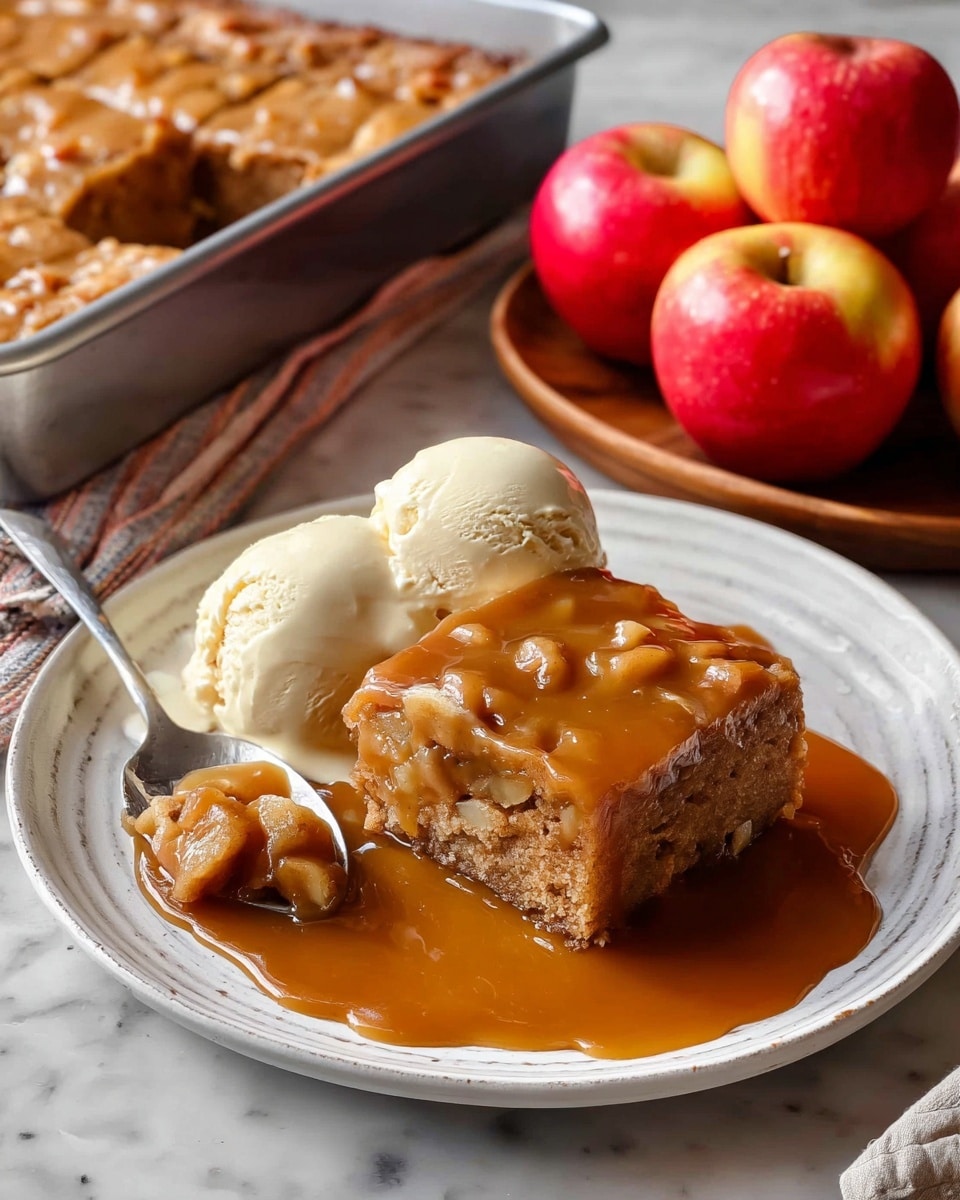 A square piece of soft apple cake sits in the center of a light brown plate that rests on a larger white textured plate. The cake is golden brown with visible chunks of apple inside and is covered with a shiny caramel sauce. On the plate next to the cake are two scoops of creamy vanilla ice cream, slightly melting at the edges. A silver fork with a bite of cake rests on the plate's edge. Behind the plate is a metal baking pan filled with more pieces of the same cake, also topped with caramel sauce. To the right, two bright red apples sit on a wooden tray. The whole scene is on a table with a white marbled texture surface. Photo taken with an iphone --ar 4:5 --v 7