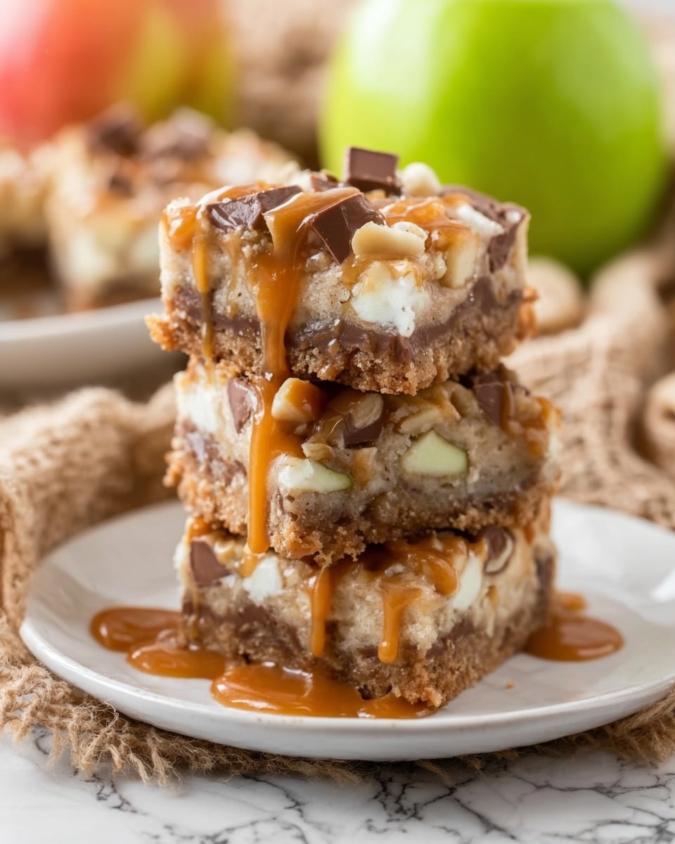 The image shows three stacked dessert bars with three clear layers. The bottom layer is a thick, crumbly light brown crust. The middle layer is a dense mix of melted chocolate, chunky nuts, and gooey caramel spread unevenly. The top layer has melted white marshmallows mixed with more nuts and caramel dripping slightly over the sides. The bars are resting on white parchment paper with a white marbled surface in the background. Photo taken with an iphone --ar 4:5 --v 7