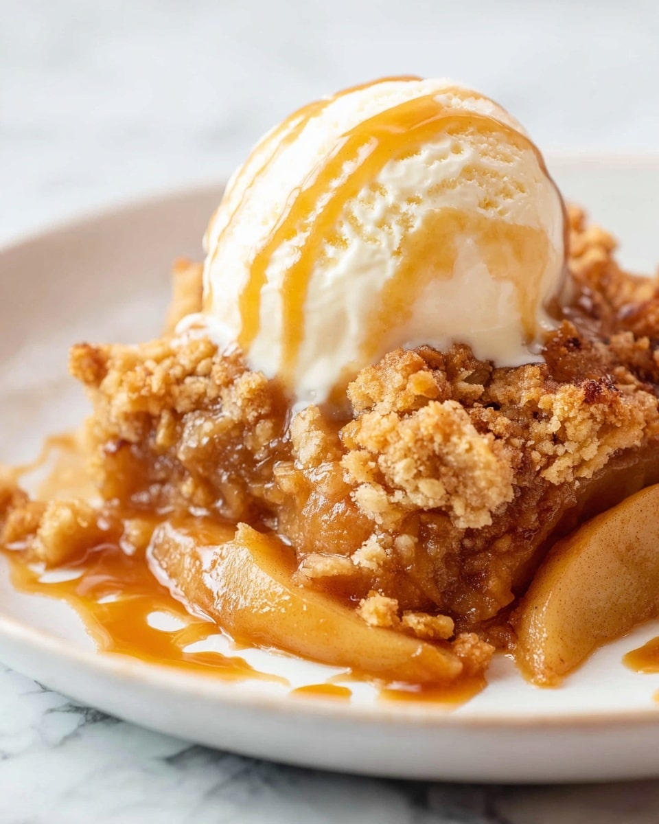 A close-up of a dessert on a white plate with a white marbled surface in the background, showing two main layers: the bottom layer is soft, light brown cooked apple slices with visible cinnamon specks covered in a shiny, sticky caramel sauce that pools slightly around the edges; the top layer is a scoop of creamy, off-white vanilla ice cream with light swirls of caramel sauce drizzled on top. The apple layer has a crumbly, golden-brown topping with small, rough crumbs spread unevenly around the edges of the fruit. Photo taken with an iphone --ar 4:5 --v 7