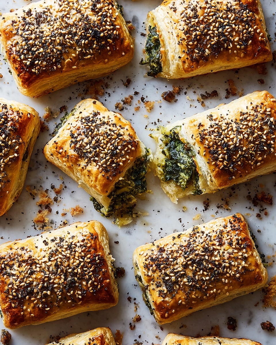 The image shows five pastry rolls stacked in a small pile on a white marbled surface. Each roll has a golden-brown, flaky outer layer covered with mixed seeds, including white sesame, black sesame, and small red flakes, giving a speckled texture on top. The rolls are filled with a green spinach and cheese mixture, visible at some ends where the rolls are open. The inside dough looks soft and layered. The photo is taken close-up, showing the details of the crunchy seed topping and the creamy green filling inside. photo taken with an iphone --ar 4:5 --v 7