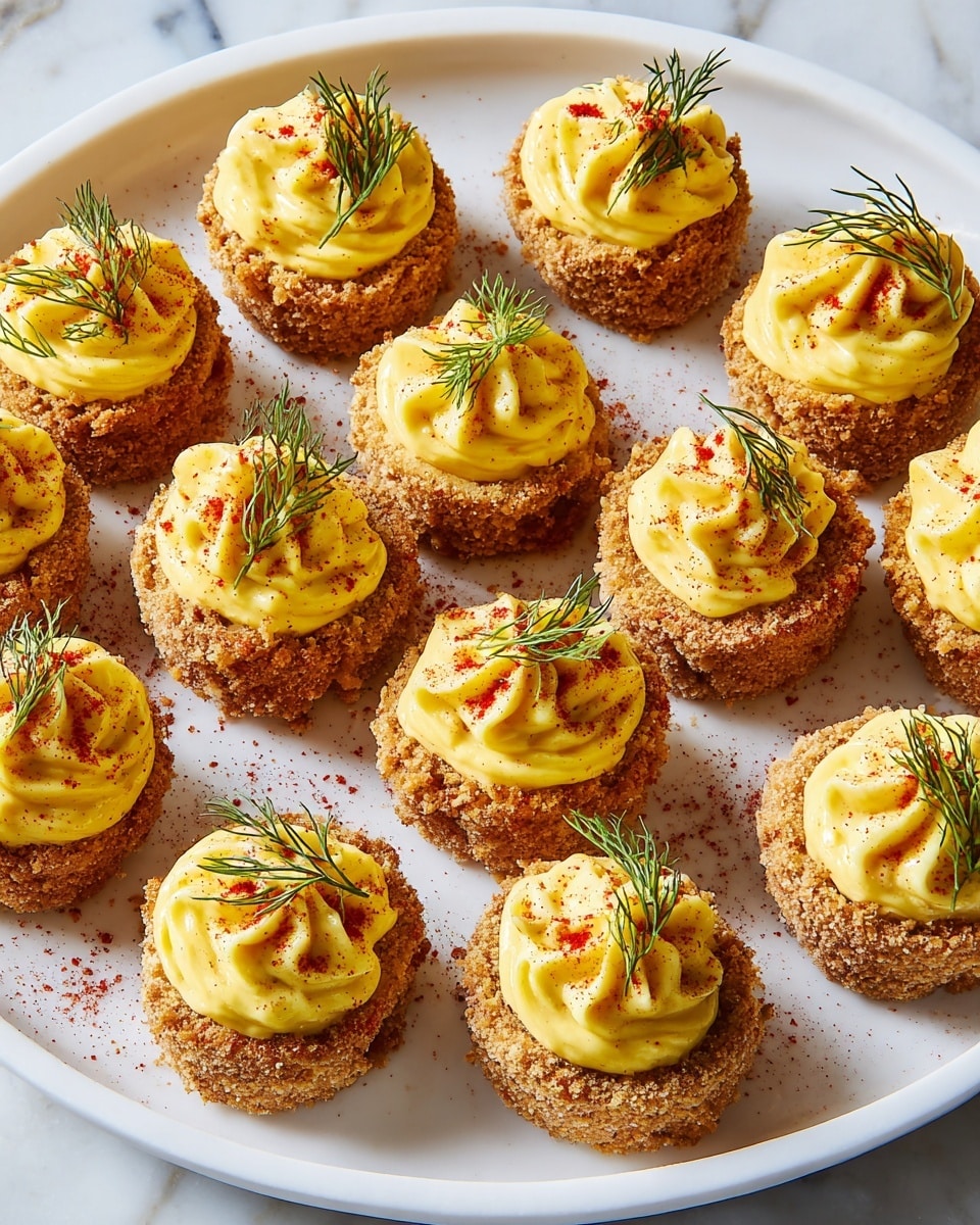 The dish shows two-layered round appetizers arranged closely on a large white plate with a red rim, placed on a white marbled surface. The bottom layer is a thick, crumbly light-brown crispy base with a rough texture, almost like a small round croquette or fried patty. On top of each base is a piped swirl of smooth, yellow cream, looking like piped mashed potatoes or a soft mousse, with a fine ridged texture from the piping. A small sprinkle of reddish powder lightly dusts the yellow cream, adding a touch of color contrast. Each swirl is garnished with a small, bright green sprig of dill, adding freshness and height to the presentation. The lighting highlights the textures and warm, natural colors of the dish. photo taken with an iphone --ar 4:5 --v 7