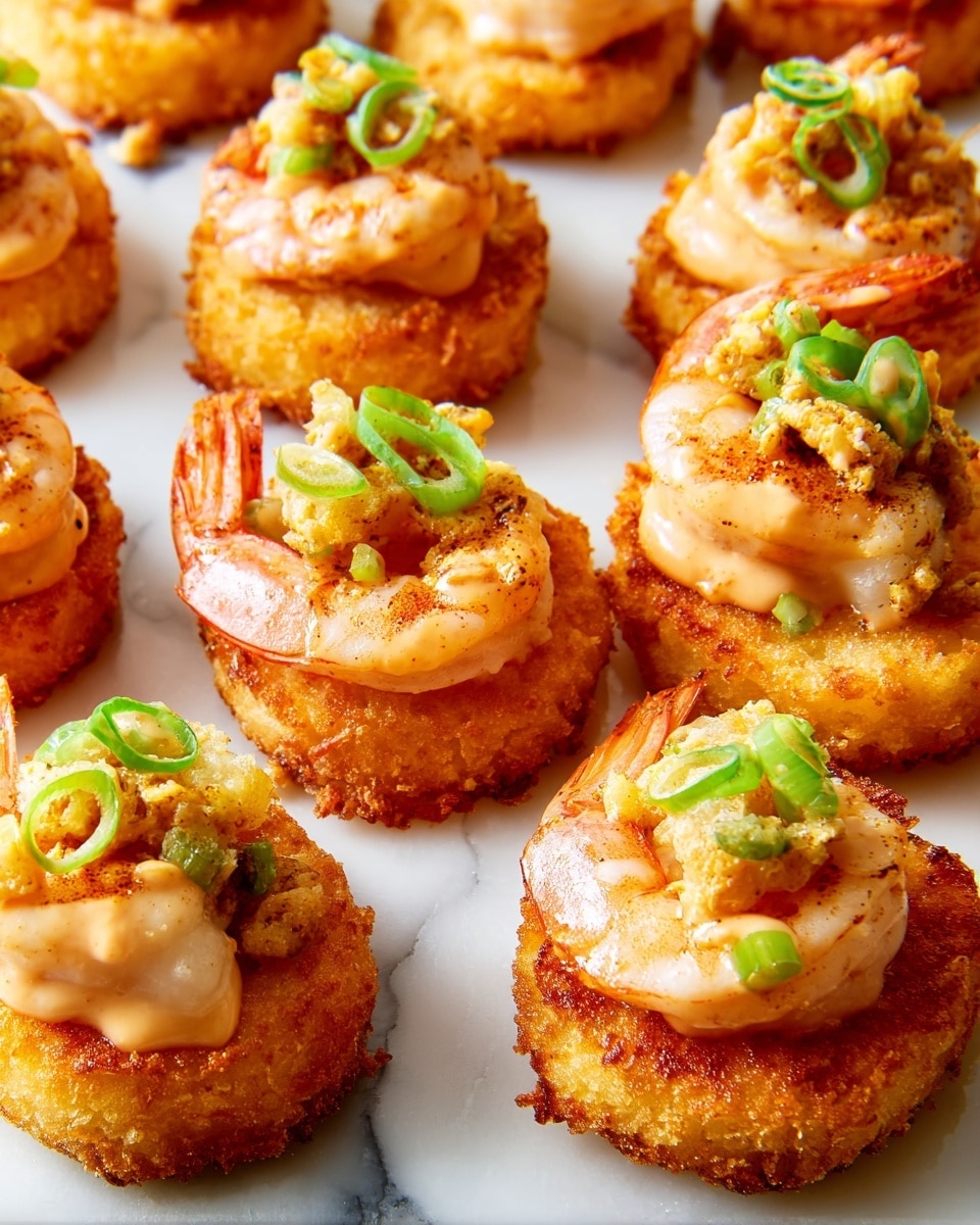 The image shows three pieces of crispy golden fried rounds as the base layer, each topped with a few pieces of cooked shrimp that have a light reddish-pink color. On top of the shrimp is a creamy light beige sauce drizzled over them, with small green slices scattered on and around the dish. There are also bits of sautéed onions and spices adding a yellow and light brown color, layering the dish richly. These are all served on a white plate placed on a white marbled surface. Photo taken with an iphone --ar 4:5 --v 7