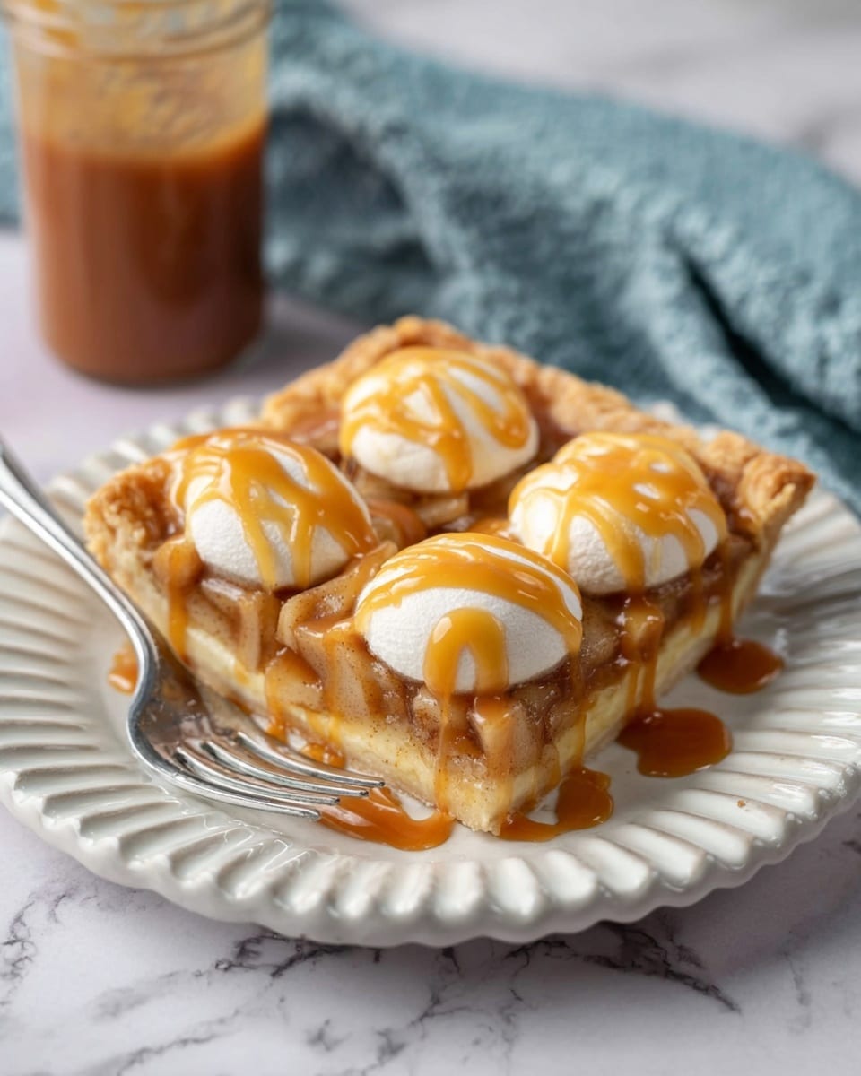 A rectangular apple pie in a black baking pan sits on a white marbled surface. The pie has a golden-brown crust with a slightly wavy edge. Inside, apple slices are layered thickly and covered with two layers: the bottom is a rich brown sauce filling the gaps between the apples, and the top is decorated with two rows of round, pale pastry circles that have a scalloped edge. These circles are drizzled with a light caramel-colored syrup in thin lines. On the lower right, one slice has been removed, and a black pie server is partially under the empty space. A green apple and a teal cloth are partly visible near the top left corner. Photo taken with an iphone --ar 4:5 --v 7