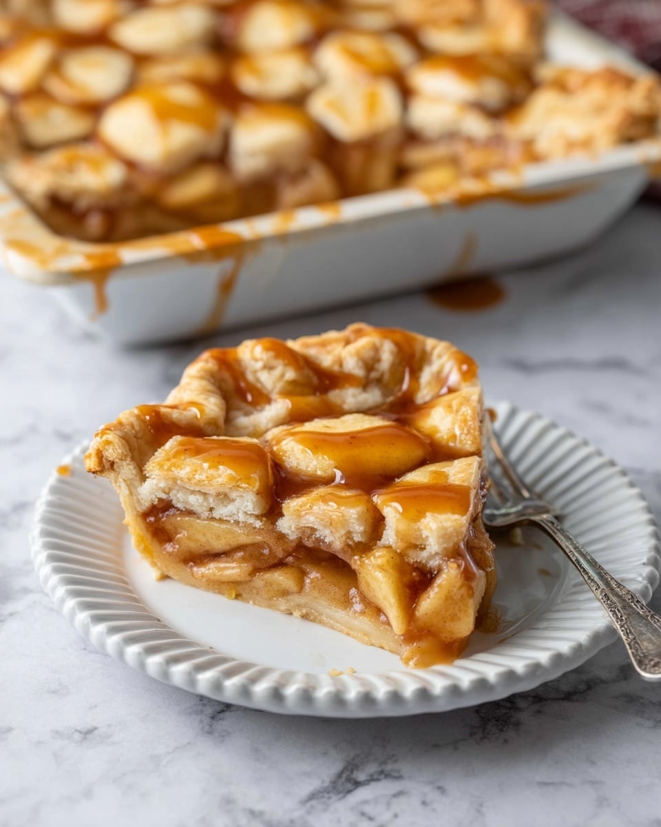A square slice of apple pie sits on a white scalloped plate with a silver fork beside it. The pie slice has three layers: at the bottom is a golden, flaky crust; the middle layer holds soft, cooked apple filling with a light brown color and visible chunks; the top layer shows four thick, round pieces of crust with a drizzle of shiny caramel sauce over them. The edges of the pie crust are slightly browned and crimped. In the background, a baking tray with more of the same pie is visible, resting on a white marbled surface. Photo taken with an iphone --ar 4:5 --v 7