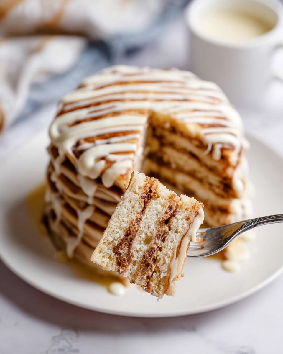 A stack of four round pancakes sits on a white plate on a white marbled surface. Each pancake layer is light golden-brown with a soft, fluffy texture, separated by thin layers of cinnamon brown filling. The pancakes are topped with a white cream dripping in thin, even lines across the entire stack. A fork with a piece of the pancakes showing all four layers and filling is held close to the camera, and in the background, there is a small white pitcher with cream and another stack of pancakes blurred out. Photo taken with an iphone --ar 4:5 --v 7