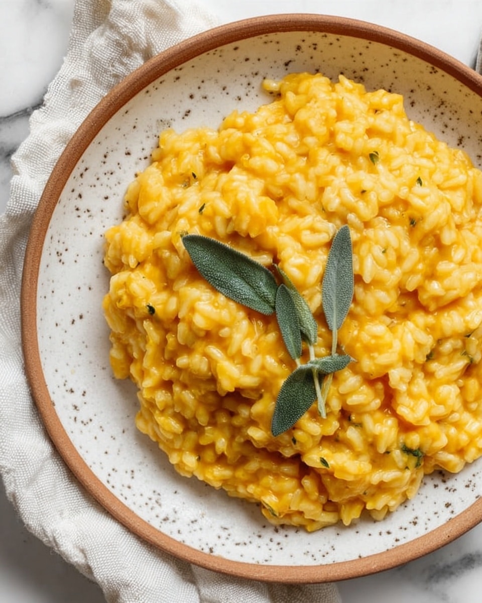 A close-up of a creamy yellow risotto served in a white speckled bowl with a brown rim, showing small pieces of cooked sage leaves mixed in, topped with three whole sage leaves placed in the center. The risotto has a soft, smooth texture with visible grains of rice coated in a rich, glossy sauce. The background is a white marbled surface with a light-colored cloth partially visible on the right side. Photo taken with an iphone --ar 4:5 --v 7