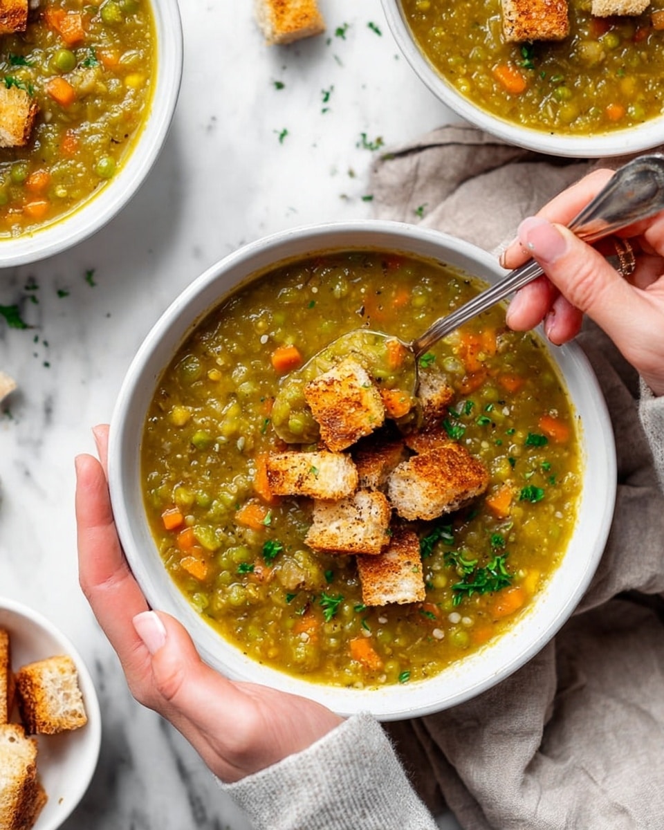A white bowl filled with thick green lentil soup showing visible small orange carrot pieces and lentils mixed in a yellow-green broth. On top of the soup, there are several light brown toasted bread cubes placed in the center, garnished with small green parsley leaves. A woman's hand holds the bowl from the bottom left while another woman's hand is holding a spoon dipping into the soup from the top right. The bowl is set on a white marbled surface with croutons scattered nearby and a white cloth in the background. Photo taken with an iphone --ar 4:5 --v 7