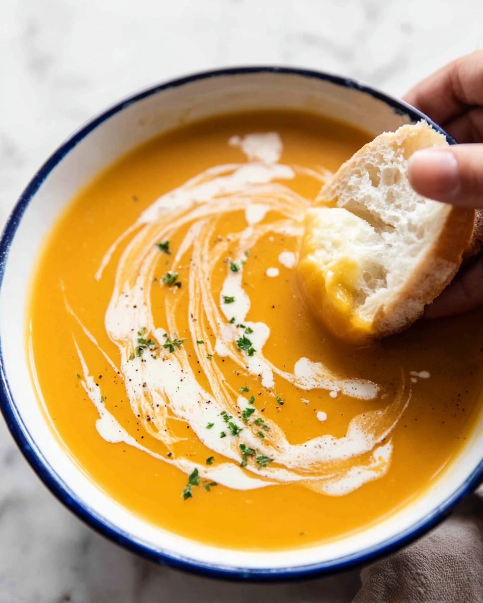 A white shallow bowl with a blue rim is filled with bright orange creamy soup. On top of the soup, there is a swirl of white cream and a light sprinkle of chopped green herbs and black pepper. A woman's hand is holding a piece of bread, dipped into the soup, showing some of the soup soaking into the bread. The bowl sits on a soft white cloth over a white marbled surface. photo taken with an iphone --ar 4:5 --v 7