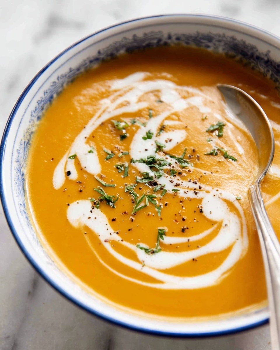 A close-up image of a smooth, thick orange soup served in a white bowl with a blue rim, with the soup filling most of the bowl. On top of the soup, there are thin white cream swirls spread in a decorative pattern with small green herb pieces sprinkled on them. A silver spoon is resting inside the bowl, with its top edge visible over the soup near the rim. The bowl is placed on a white marbled surface, creating a clean and bright background. Photo taken with an iphone --ar 4:5 --v 7