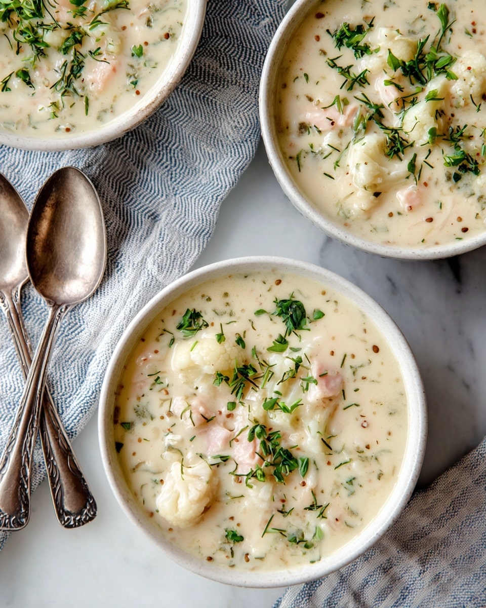 The image shows two bowls filled with thick, creamy soup that is off-white in color with chunks of light beige cauliflower and pinkish pieces of potato or ham mixed inside. The soup is topped with small green herb bits and sprinkled with tiny brown seeds. The bowls are white and placed on a white marbled textured surface, accompanied by two silver spoons on the left side, and a white cloth with blue stripes is placed to the right. The overall look is hearty and comforting, with a soft and smooth texture contrasted by the chunky ingredients. photo taken with an iphone --ar 4:5 --v 7