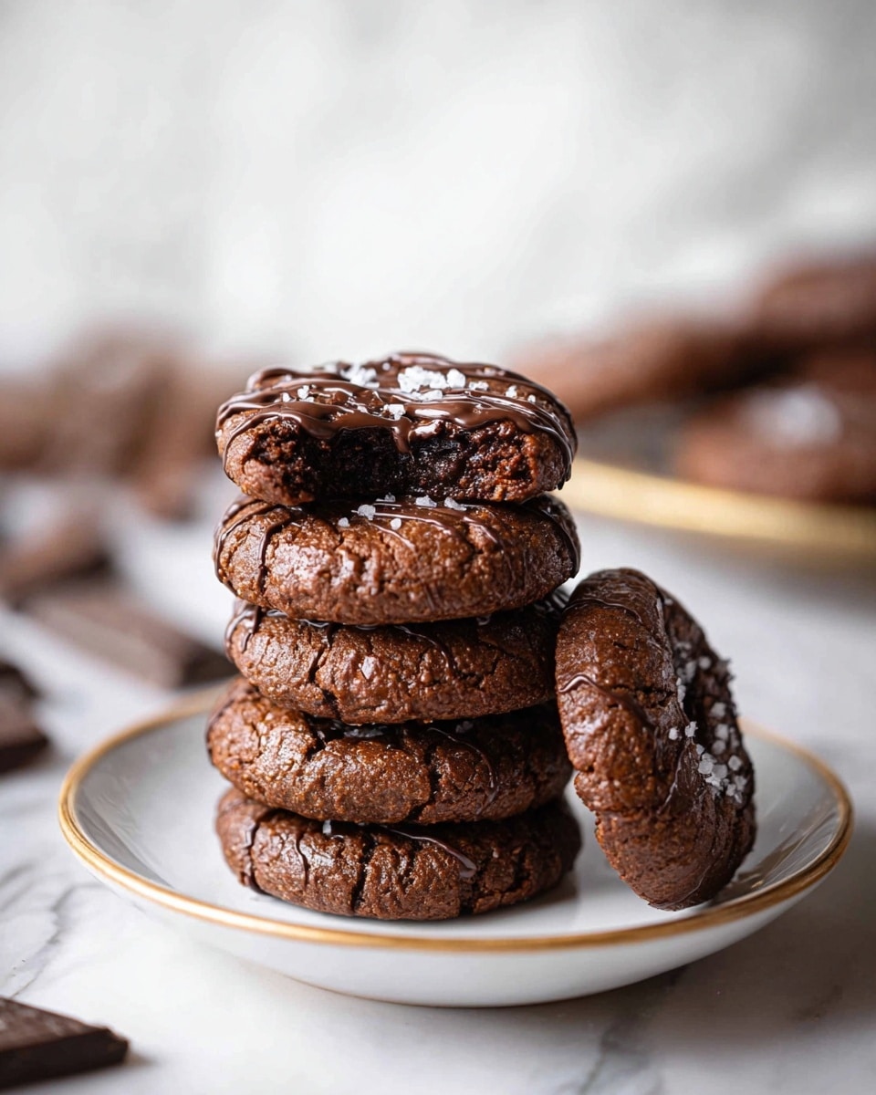 A stack of five thick chocolate cookies is placed on a white plate with a thin gold rim, set on a white marbled surface. The cookies are dark brown with slightly cracked tops and drizzled with chocolate. The top cookie has a visible bite taken out of it, showing a soft, moist inside with melted chocolate. One cookie rests against the stack on the right side. In the background, blurred chocolate pieces, more cookies, and white bowls can be seen, all on the same white marbled surface. photo taken with an iphone --ar 4:5 --v 7