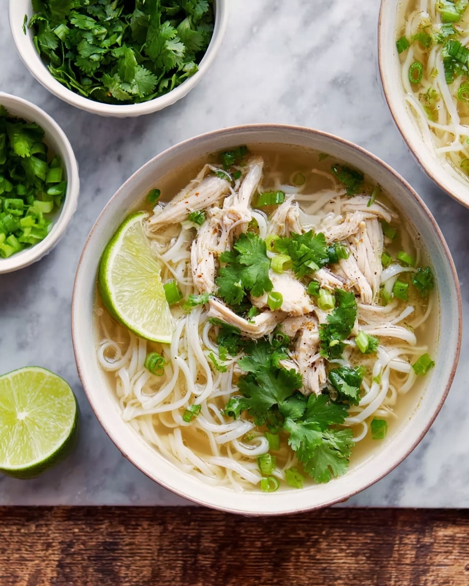 A white bowl filled with clear broth and thick white noodles at the bottom forms the first layer. On top, white shredded chicken pieces and bright green chopped scallions scatter across the noodles. Fresh green cilantro leaves sit on one side, along with two slices of lime placed near the edge of the bowl. The bowl is placed on a white marbled surface, surrounded by small white bowls filled with fresh cilantro and chopped scallions, and lime wedges nearby. Photo taken with an iphone --ar 4:5 --v 7