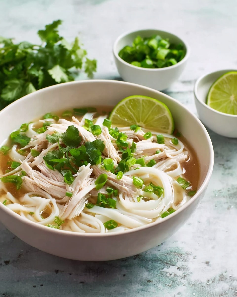 A white bowl filled with Vietnamese noodle soup. The bottom layer consists of clear broth with white rice noodles piled on top. Over the noodles are strips of white chicken meat, green sliced scallions, and bright green cilantro leaves scattered throughout. A wedge of lime sits nestled on one side of the bowl. The bowl is on a white marbled surface with another similar bowl and a small white bowl of green herbs in the background. Photo taken with an iphone --ar 4:5 --v 7