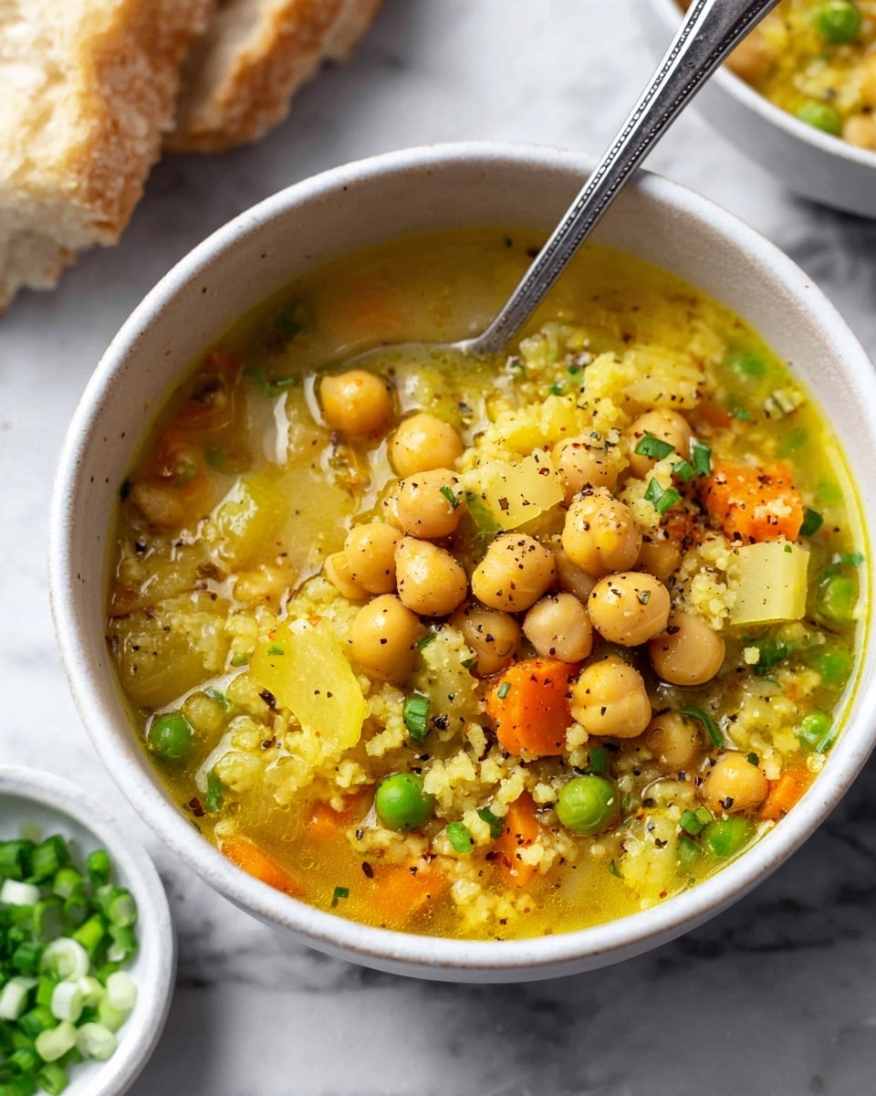 The dish is a bowl of thick soup with three main layers visible: the bottom broth layer which is light yellow and clear, the middle layer full of light brown chickpeas, bright orange carrot slices, and green peas mixed with small yellow pieces of scrambled eggs or tofu, and the top layer sprinkled with chopped green onions and black pepper. The soup is in a white bowl with a silver spoon inside, and in the background, there is a piece of crusty bread. The surface is a white marbled texture. Photo taken with an iphone --ar 4:5 --v 7