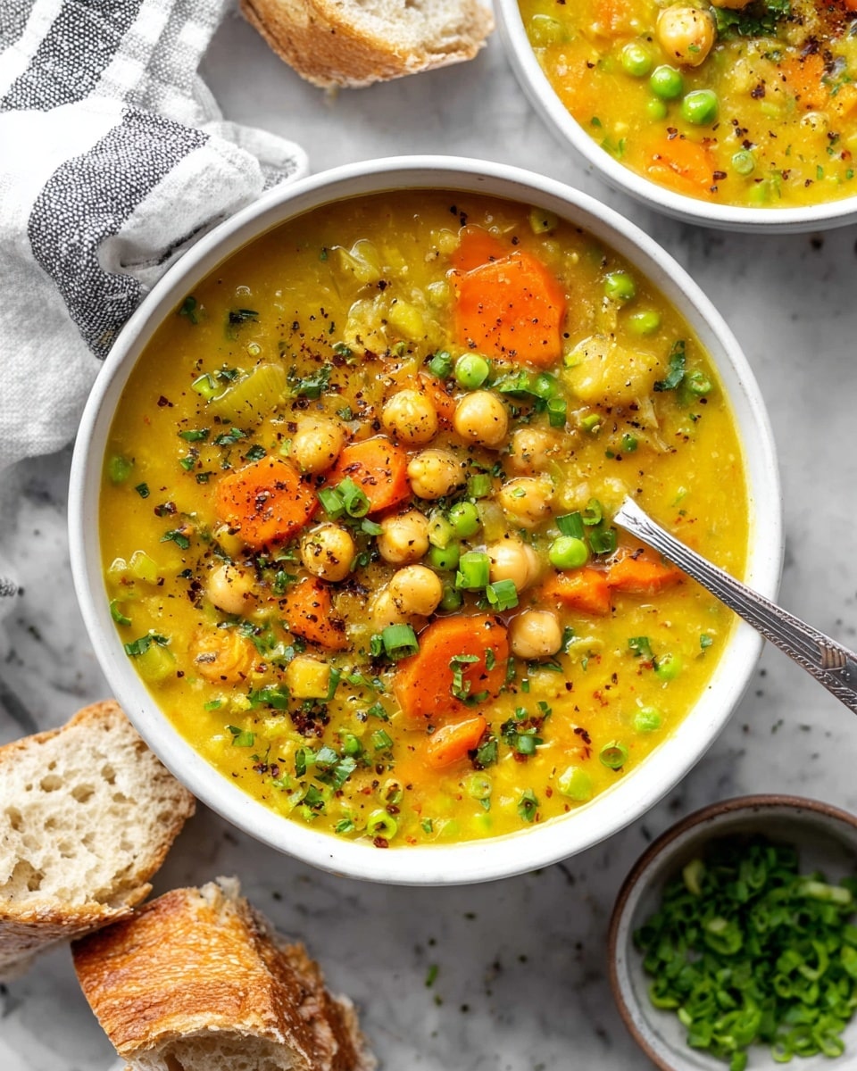A white bowl filled with a thick yellow-green soup made of chickpeas, sliced orange carrots, green peas, chopped celery, and small bits of rice, all mixed together with visible black pepper sprinkled on top. Green chopped scallions are scattered over the soup and a silver spoon rests inside the bowl. Around the bowl are pieces of crusty bread and a small white bowl of extra scallions on a white marbled surface, with a striped cloth napkin nearby. photo taken with an iphone --ar 4:5 --v 7