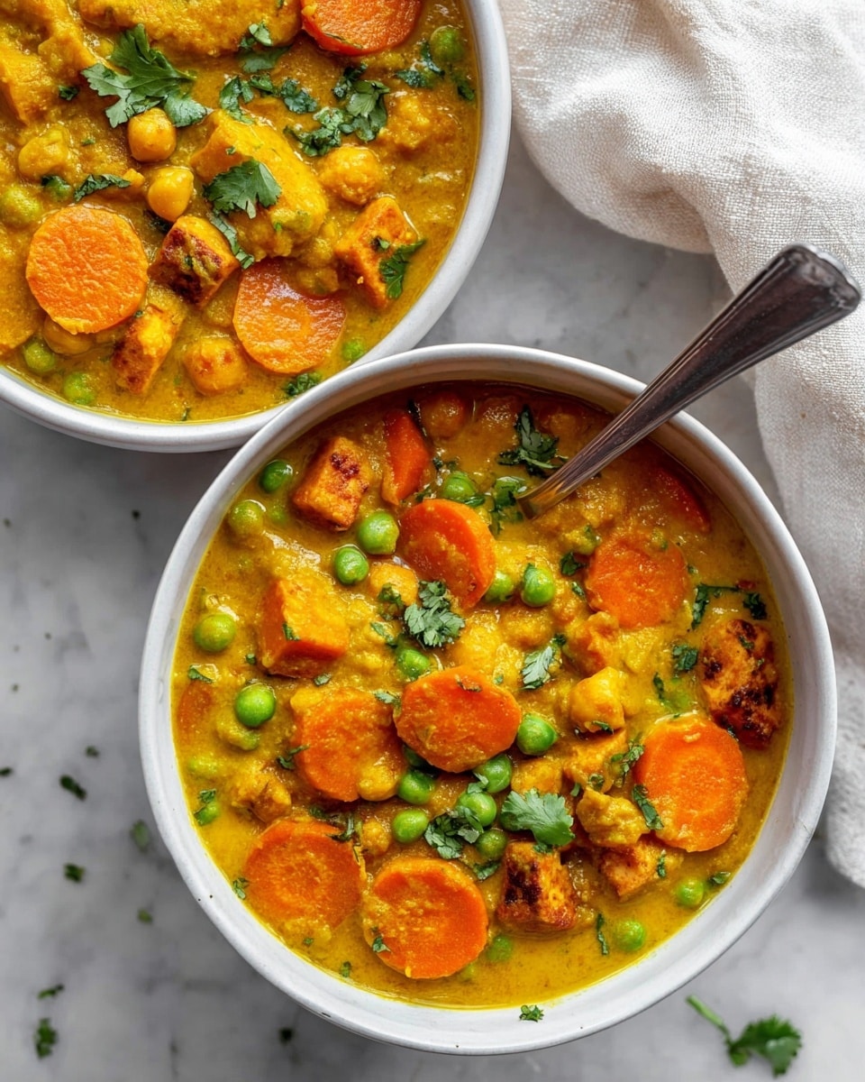 A white speckled bowl filled with thick yellow-orange stew containing slice rounds of bright orange carrots, light green peas, and pale chickpeas. The stew has chunks of golden tofu or similar cubes mixed throughout, with small bits of red tomato and green cilantro leaves scattered on top. A silver spoon rests inside the bowl. The bowl sits on a white marbled surface with a light gray cloth nearby, and part of a second bowl filled with the same stew can be seen at the bottom edge. Photo taken with an iphone --ar 4:5 --v 7