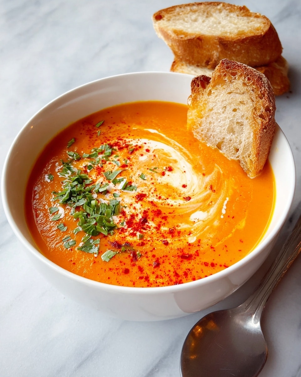 A bowl of bright orange creamy soup fills most of the white bowl, topped with a swirl of white cream that makes a curved pattern on its surface. On one side of the soup, finely chopped green herbs are scattered, and a dusting of red spice adds a touch of color nearby. A piece of crusty golden-brown bread rests on the edge of the bowl, with two more pieces stacked behind it on a white marbled surface. A silver spoon lies to the right of the bowl, catching some light. Photo taken with an iphone --ar 4:5 --v 7