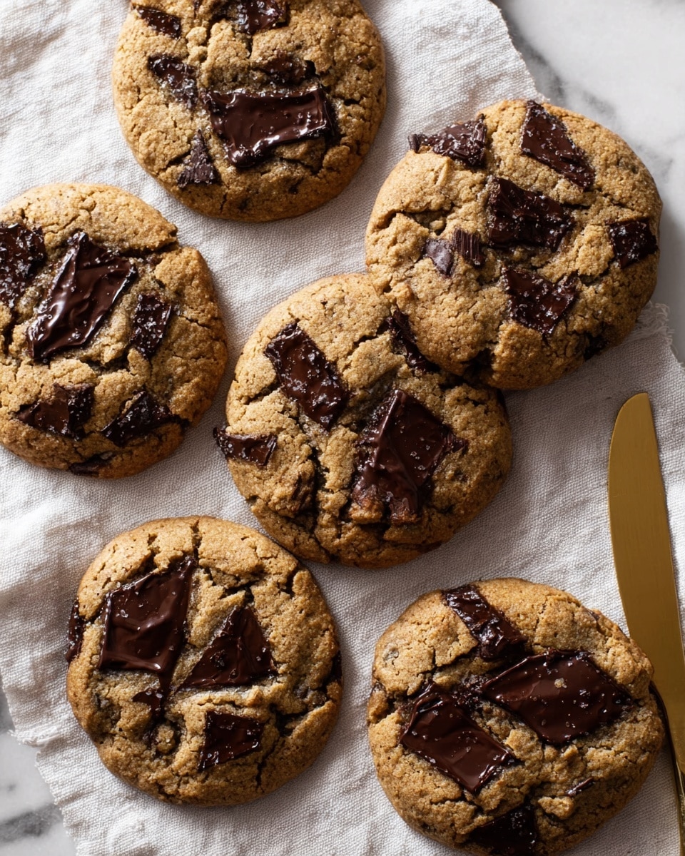 There are six round cookies placed on a white, wrinkled cloth surface. Each cookie has a light brown color with big, shiny, dark brown chocolate chunks scattered unevenly on top. The cookies have a rough, slightly cracked texture showing they are soft inside. To the right, there is a gold-colored knife resting on the cloth. The background is a white marbled texture. photo taken with an iphone --ar 4:5 --v 7