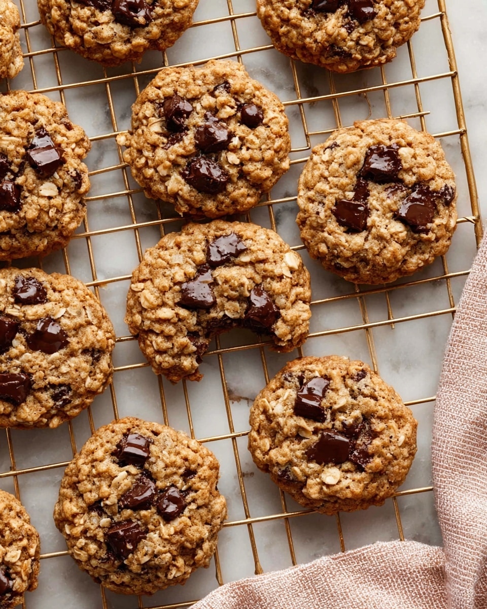 The image shows a batch of oatmeal chocolate chip cookies arranged on a gold wire cooling rack placed over a white marble surface. There are about ten cookies visible, each round and golden brown with a rough texture from the oats. Dark chocolate chips are spread on the surface of the cookies, some partially melted, adding dark spots of color. A few cookies have flaky sea salt sprinkled on top, creating tiny white highlights. One cookie in the lower middle has a bite taken out, showing the soft inside with a woman's hand holding a small piece near it. A corner of a folded light pink and beige cloth is placed near the bottom right corner of the rack. photo taken with an iphone --ar 4:5 --v 7