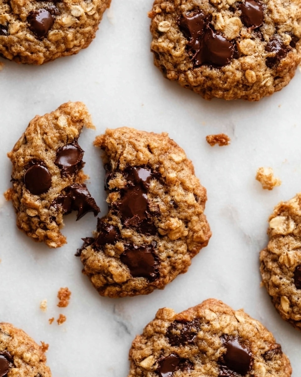 The image shows five round chocolate chip cookies arranged on a white marbled surface. Each cookie has a golden brown color with visible textures of oats and chocolate chips distributed across the top. One cookie in the center is split into four parts, exposing a soft, slightly melted inside with dark chocolate chips clearly seen. Small crumbs are scattered gently around the cookies, adding a casual, fresh-baked feel to the scene. photo taken with an iphone --ar 4:5 --v 7