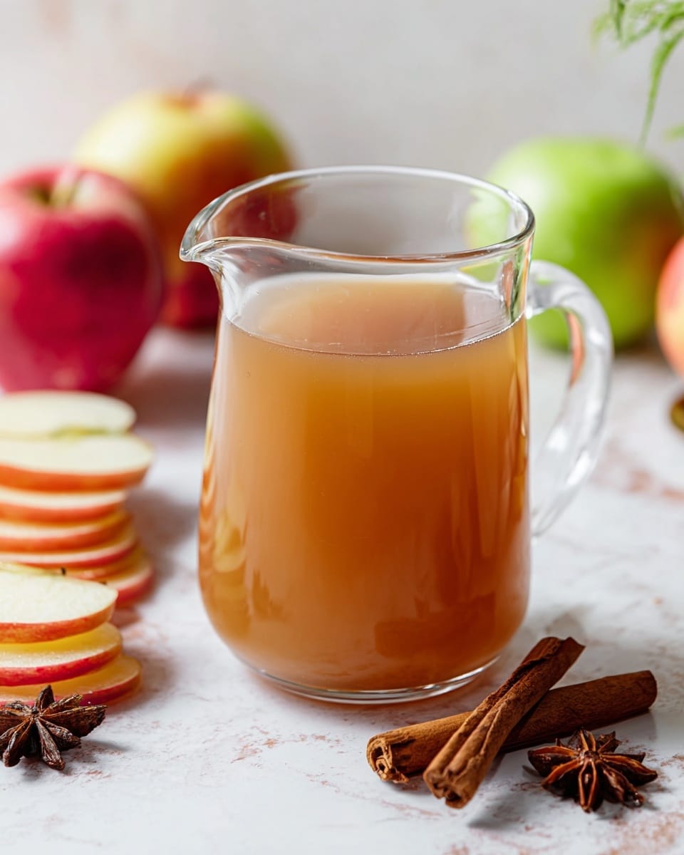 A clear glass mug filled with two layers of warm apple cider that is golden brown and slightly cloudy, sitting on a white marbled surface. To the bottom right of the mug, two cinnamon sticks lie side by side, adding a rustic touch. In the background, there are two whole apples, one red and one green, softly blurred to show freshness. Thin slices of red apple with their creamy white centers are stacked on the left of the mug. A piece of star anise and a glass with more apple cider and apple slices peek into the frame on the bottom right. The light is soft and natural, highlighting the warm colors and fresh textures. Photo taken with an iphone --ar 4:5 --v 7