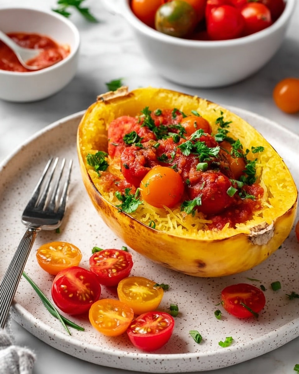 A roasted spaghetti squash half with a golden-yellow inside, filled with a mixture of vibrant red and orange cherry tomatoes, garnished with fresh green parsley leaves and small chopped herbs on top. The squash is placed on a white speckled ceramic plate resting on a white marbled surface. Around the squash, there are halved cherry tomatoes in red and yellow shades, and a fork with a wooden handle is positioned to the left side of the plate. In the background, a white bowl of cherry tomatoes and a white bowl with red sauce and a spoon are visible. Photo taken with an iphone --ar 4:5 --v 7