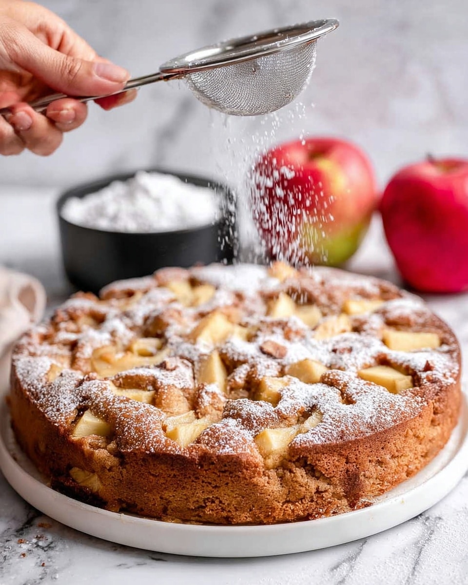 A round, golden brown apple cake sits on a white marbled surface, showing a textured, slightly cracked top with visible pieces of light yellow apple embedded inside. A woman's hand holds a small metal sieve above the cake, gently sprinkling fine powdered sugar, creating a light dusting over the surface. In the background, two red apples and a black cup with more powdered sugar are slightly out of focus, adding color contrast. The scene is bright and clean, highlighting the warm tones of the cake against the smooth white marble. photo taken with an iphone --ar 4:5 --v 7