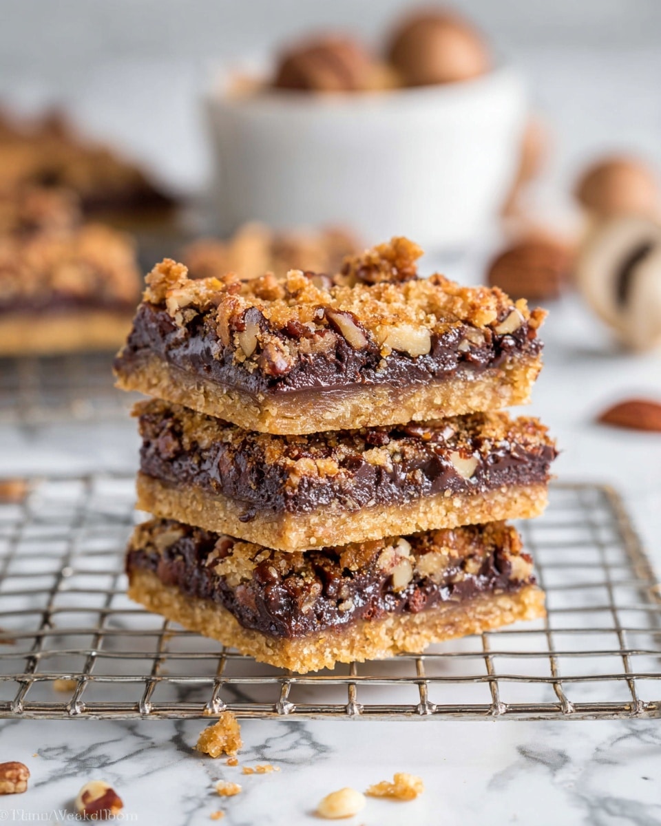 The image shows a stack of three dessert bars on a silver cooling rack. Each bar has three layers: a bottom layer of light golden crumbly crust, a thick middle layer of dark, melted chocolate, and a top layer of golden brown, crunchy nuts and chocolate mixed together. The bars look soft and rich, with bits of chocolate slightly melting and nuts visible all over the top crust. The background has a white marbled texture with blurred elements including a white bowl filled with nuts. Photo taken with an iphone --ar 4:5 --v 7