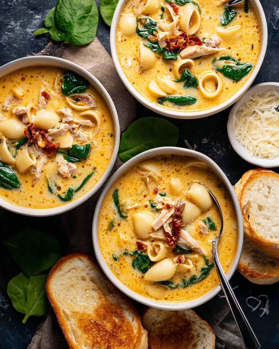 The image shows three dark bowls filled with creamy soup, each bowl placed on a white marbled surface with fresh spinach leaves scattered around. The soup has a light orange color from the creamy broth, chunks of white chicken pieces, small shell pasta, green leaves, and little red bits that look like sun-dried tomatoes. A silver spoon rests inside the closest bowl. To the left, there are two slices of toasted bread with a golden brown crust stacked on top of each other. Below the bowls, a small white bowl with grated cheese and a spoon is also visible. photo taken with an iphone --ar 4:5 --v 7