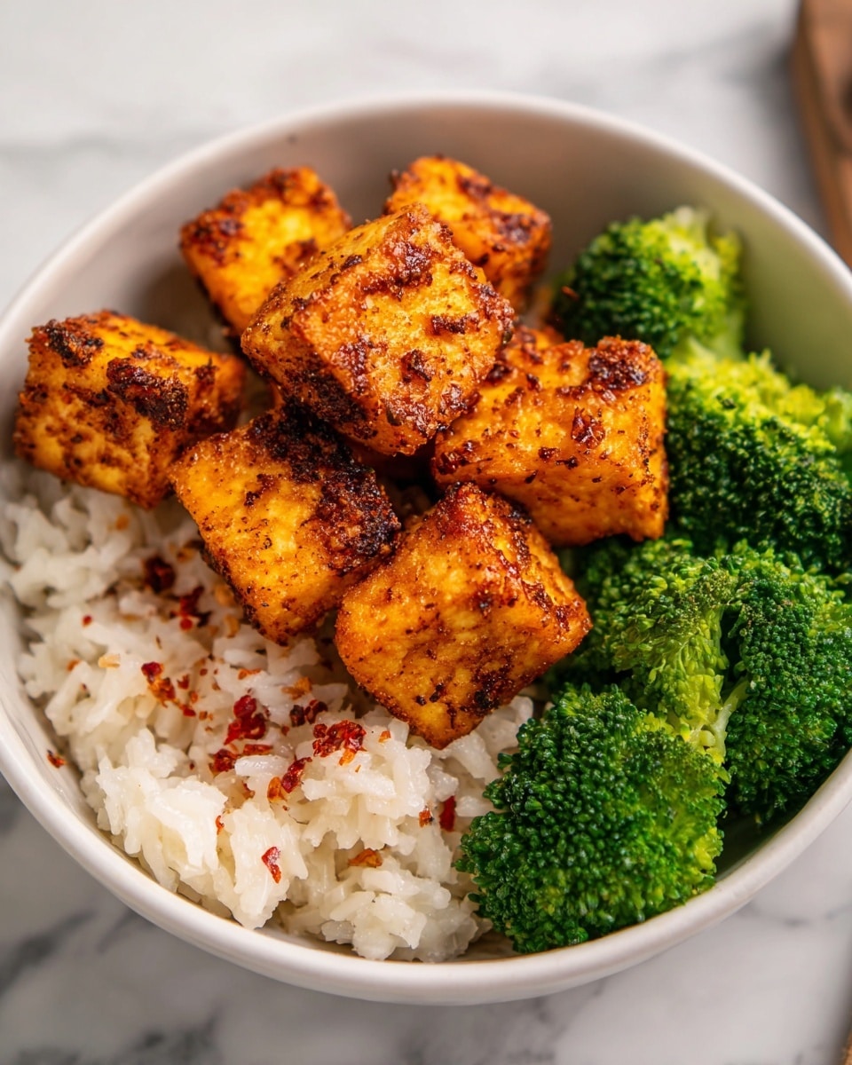 A white bowl holds a meal with three main layers: the bottom layer is white rice with a soft and slightly sticky texture, the middle layer is bright green steamed broccoli with a fresh, leafy look placed on one side, and the top layer is golden-brown tofu cubes covered in crispy spices and seasoning, stacked in the center showing a textured surface with some charred spots. The bowl is set on a white marbled surface with a wooden board partly visible in the background. Photo taken with an iphone --ar 4:5 --v 7
