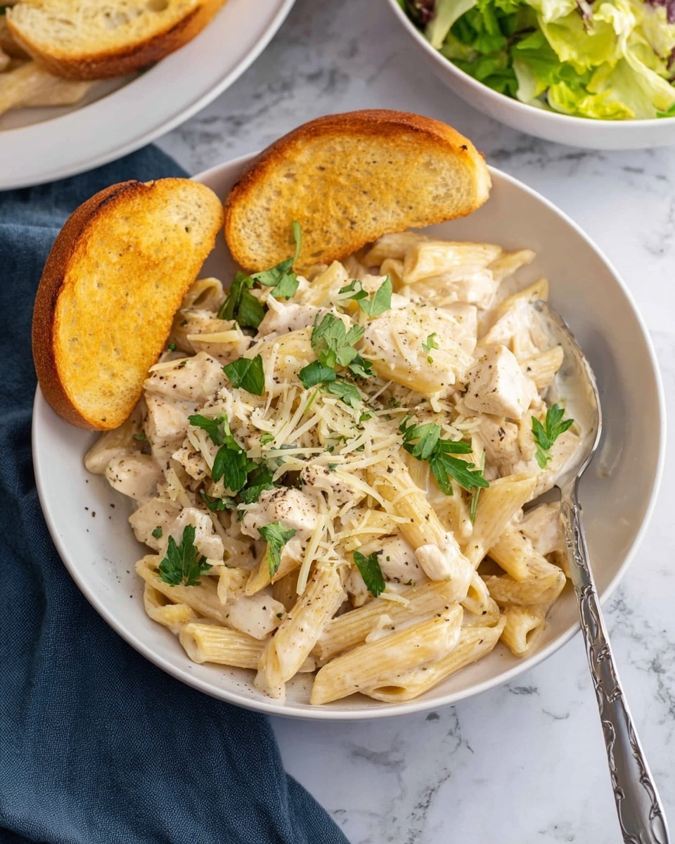 A white bowl filled with creamy pasta made of penne noodles covered in a white sauce mixed with pieces of light-colored chicken, topped with small green herb leaves and thin slices of white cheese. Two golden-brown toasted bread slices lean on the left side inside the bowl. A silver fork is placed on the right side of the bowl, partially under the pasta. The bowl is set on a white marbled surface, with a dark blue cloth napkin nearby and the edge of another white bowl containing a colorful salad visible in the top right corner. Photo taken with an iphone --ar 4:5 --v 7
