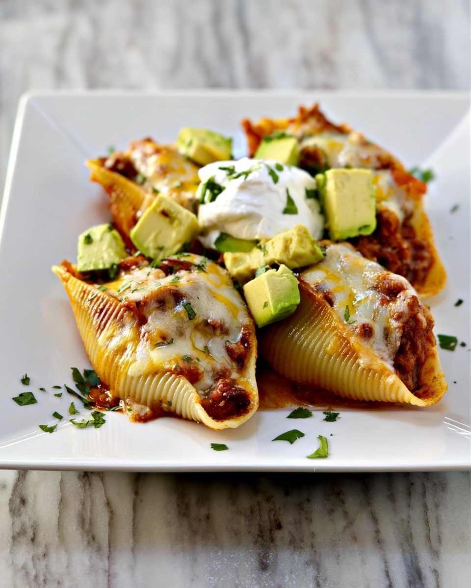 The image shows a white square plate placed on a white marbled surface, holding three large stuffed pasta shells arranged close together. Each pasta shell is filled with a brown meat mixture and topped with melted yellow cheese that is slightly browned. On top of the pasta shells, there are chunky green avocado pieces and a dollop of white sour cream. Small green herb leaves are sprinkled around the plate for garnish. Photo taken with an iphone --ar 4:5 --v 7