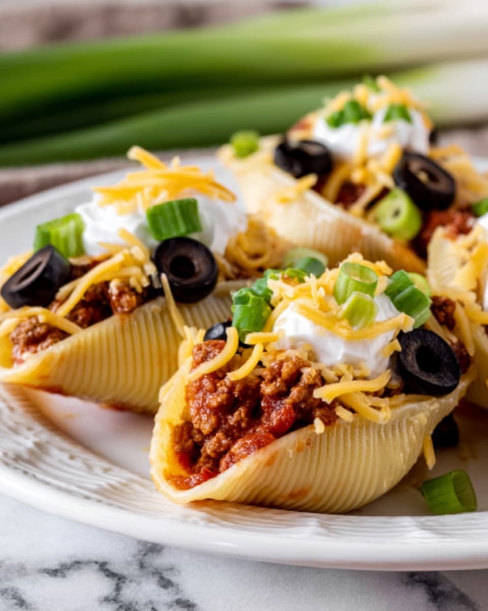 The image shows large pasta shells filled with a mixture of cooked ground beef and sauce, arranged on a white plate. The pasta is topped with shredded yellow and white cheese, dollops of white sour cream, sliced black olives, and chopped green onions. The background is a white marbled surface, and a woman's hand is visible holding one of the shells. The colors are warm and rich with red, yellow, green, black, and white contrasting nicely. Photo taken with an iphone --ar 4:5 --v 7