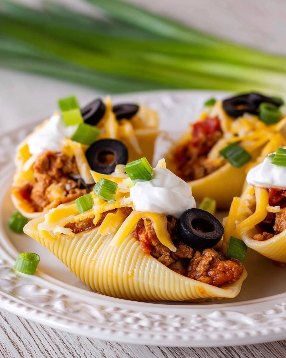A white plate with three large pasta shells filled with ground meat and sauce. The shells are creamy light yellow with a soft texture, topped with melted pale yellow cheese that has a slightly browned spot on one shell. A red tomato sauce is spread under and around the shells, with extra sauce drizzled on top. Bright green chopped scallions are scattered over the shells and plate, adding fresh color. The plate sits on a white marbled surface. photo taken with an iphone --ar 4:5 --v 7