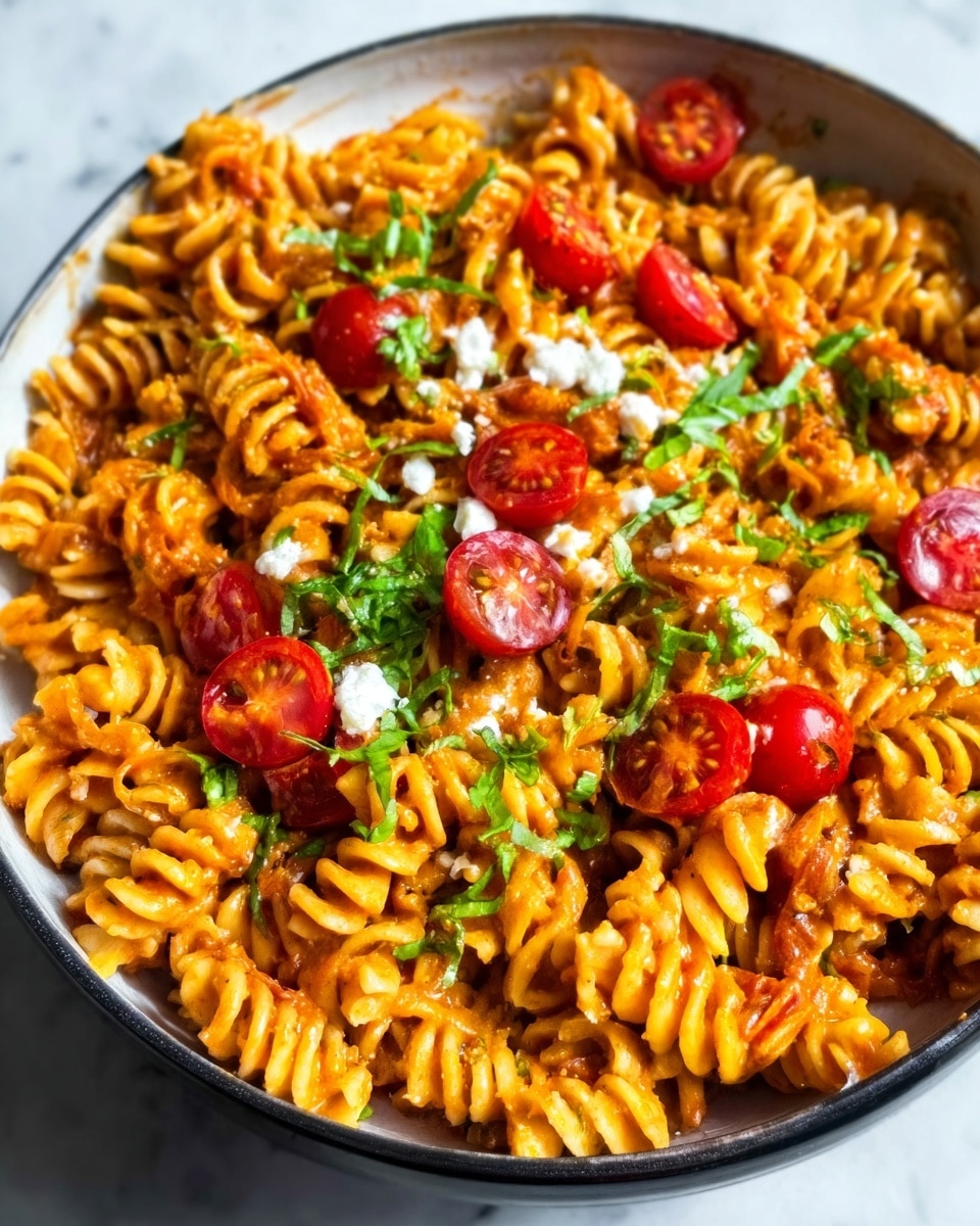 The image shows a white bowl filled with three layers of spiral pasta. The bottom layer is a rich orange cheese sauce that coats the pasta thickly. The second layer features sliced red tomatoes scattered evenly over the pasta, some slightly cooked and glossy. The top layer is bright green fresh herbs sprinkled lightly, adding a fresh touch. The colors of orange, red, and green create a vibrant, warm look. The bowl sits on a white marbled surface. photo taken with an iphone --ar 4:5 --v 7