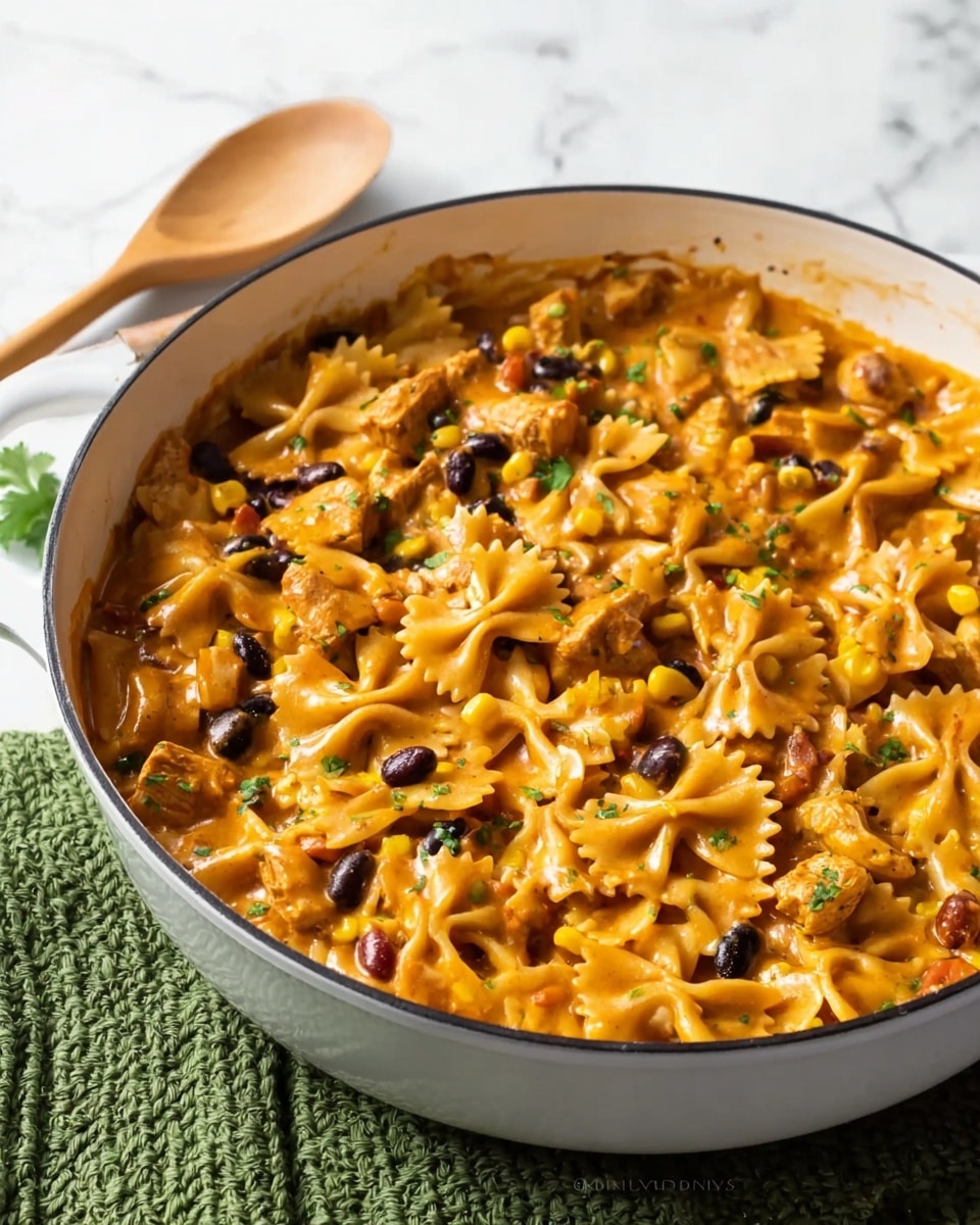 A white pan filled with a creamy pasta dish made of three visible layers: the bottom layer has yellow pasta shapes, mostly bow tie, mixed with black beans, the middle layer is a rich orange sauce coating the pasta, and the top layer shows scattered yellow corn kernels and bits of pasta with a smooth texture. The dish is placed on a green cloth with a wooden spoon and a white marbled surface in the background. photo taken with an iphone --ar 4:5 --v 7