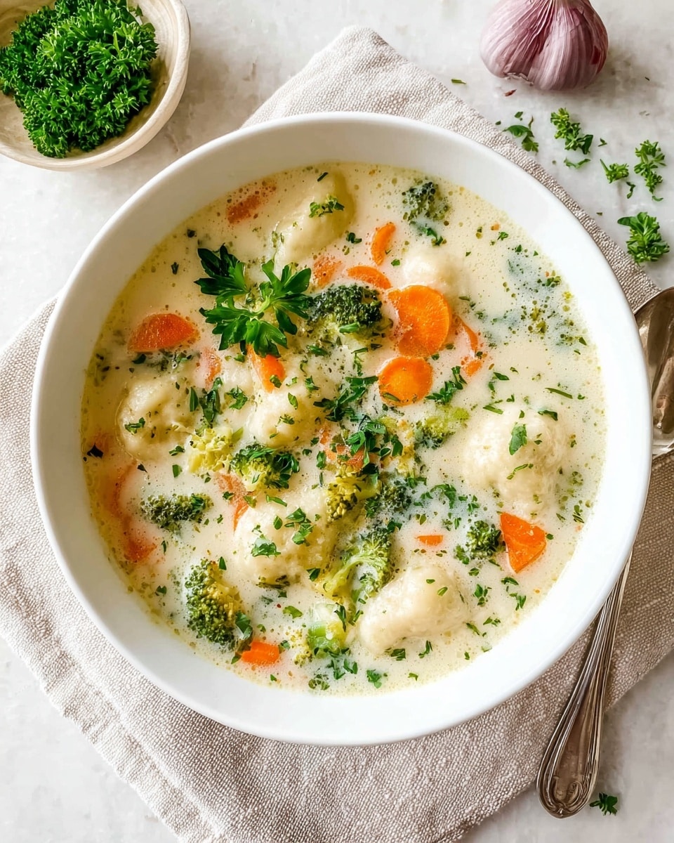 A white bowl filled with creamy soup containing several visible layers: soft white dumplings floating on top mixed with bright orange carrot slices, light green broccoli florets, and small pieces of celery adding texture, all sprinkled with fresh chopped green herbs and black pepper for flavor. The bowl sits on a beige cloth napkin on a white marbled surface, next to an ornate silver spoon on the right. In the background, there is a small white bowl of fresh parsley and a clear glass jar with olive oil beside a bulb of garlic. Photo taken with an iphone --ar 4:5 --v 7